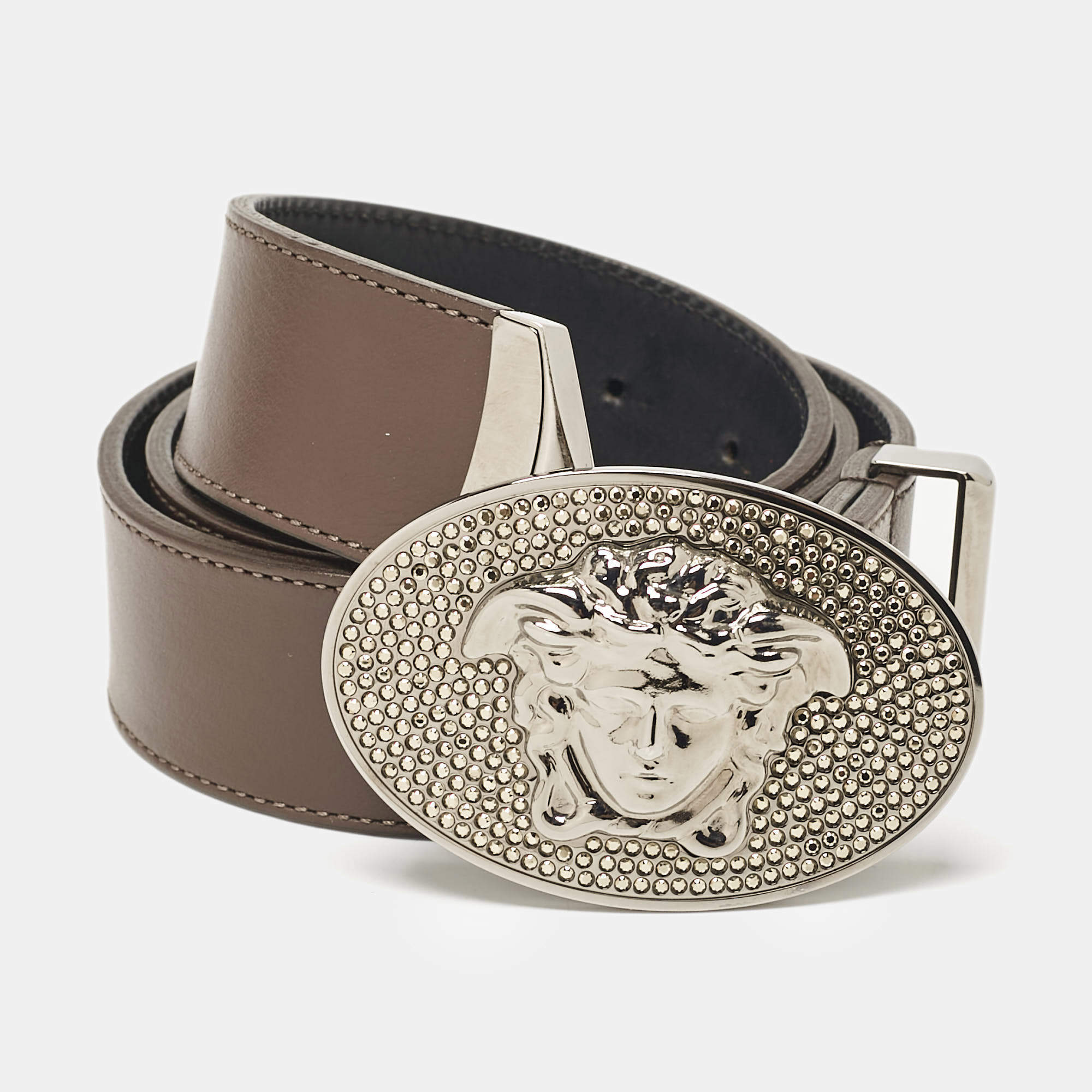 Pre Owned Versace Brown Leather Medusa Oval Belt 90CM