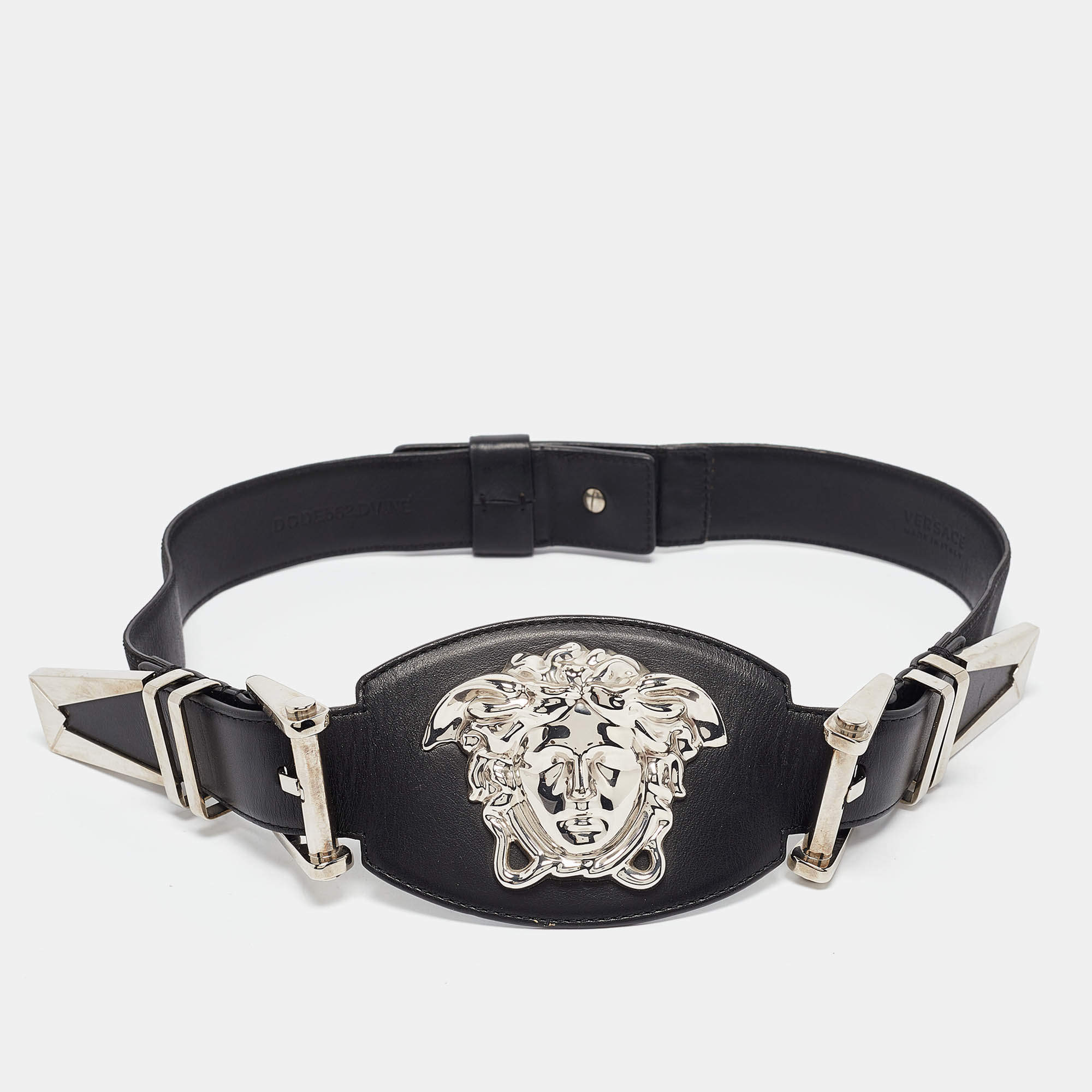 Versace Black Leather and Canvas Medusa Buckle Wide Belt 85CM