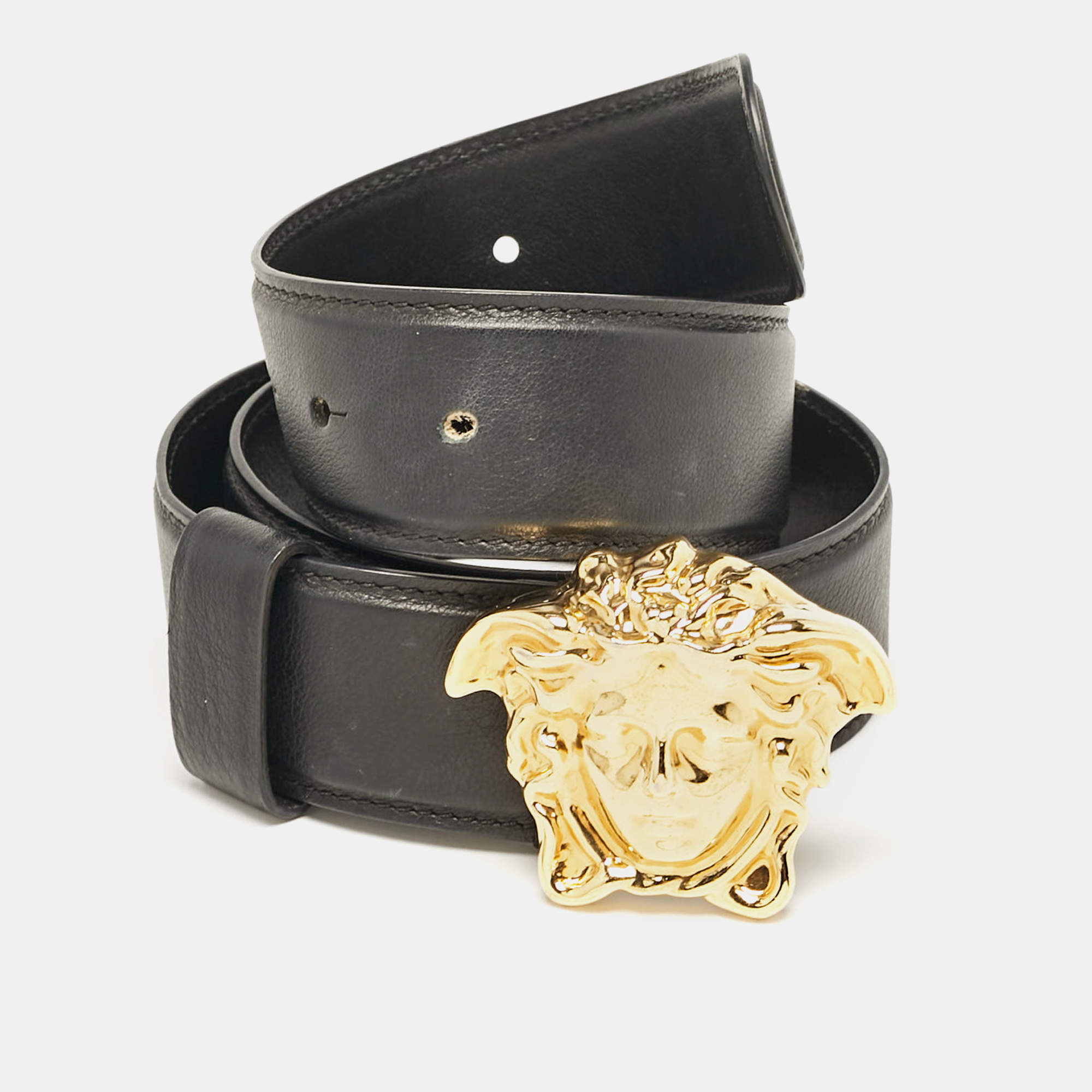 Pre Owned Versace Black Leather Medusa Head Buckle Belt 75 CM