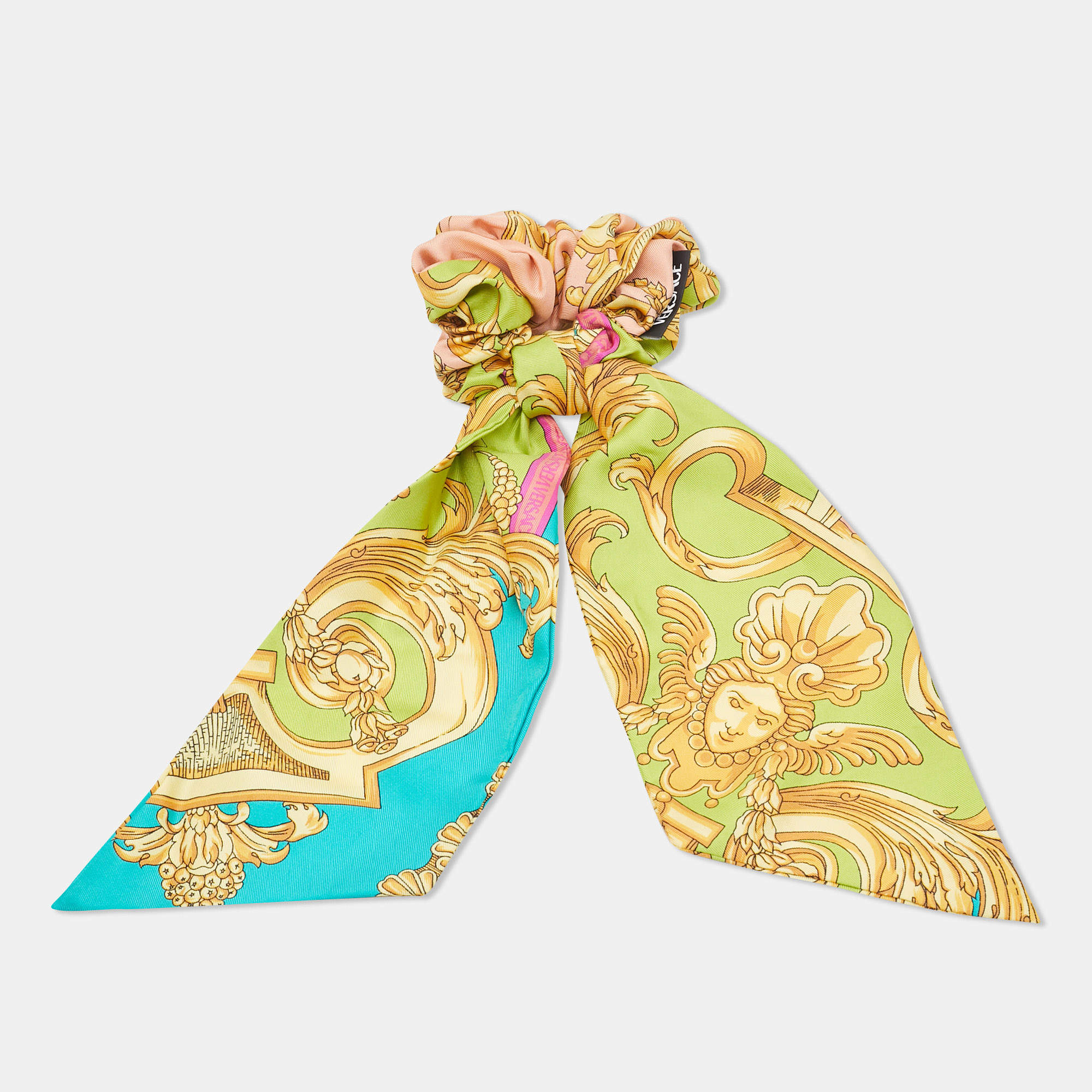 Versace Green Barocco Goddess Silk Ribbon Scrunchie