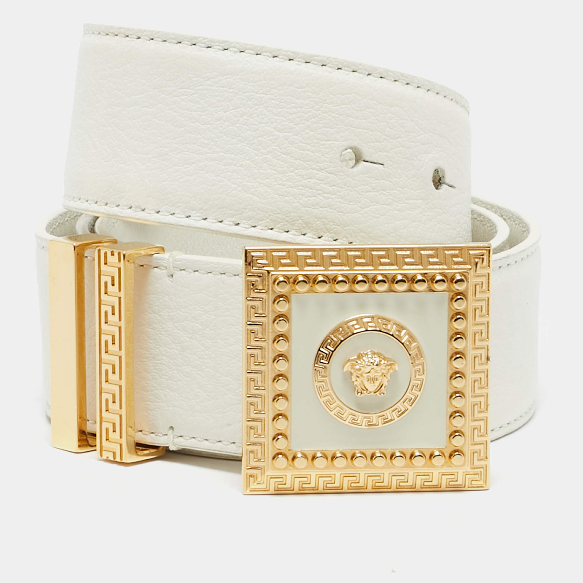 Pre Owned Versace White Leather Medusa Square Buckle Belt 85 CM