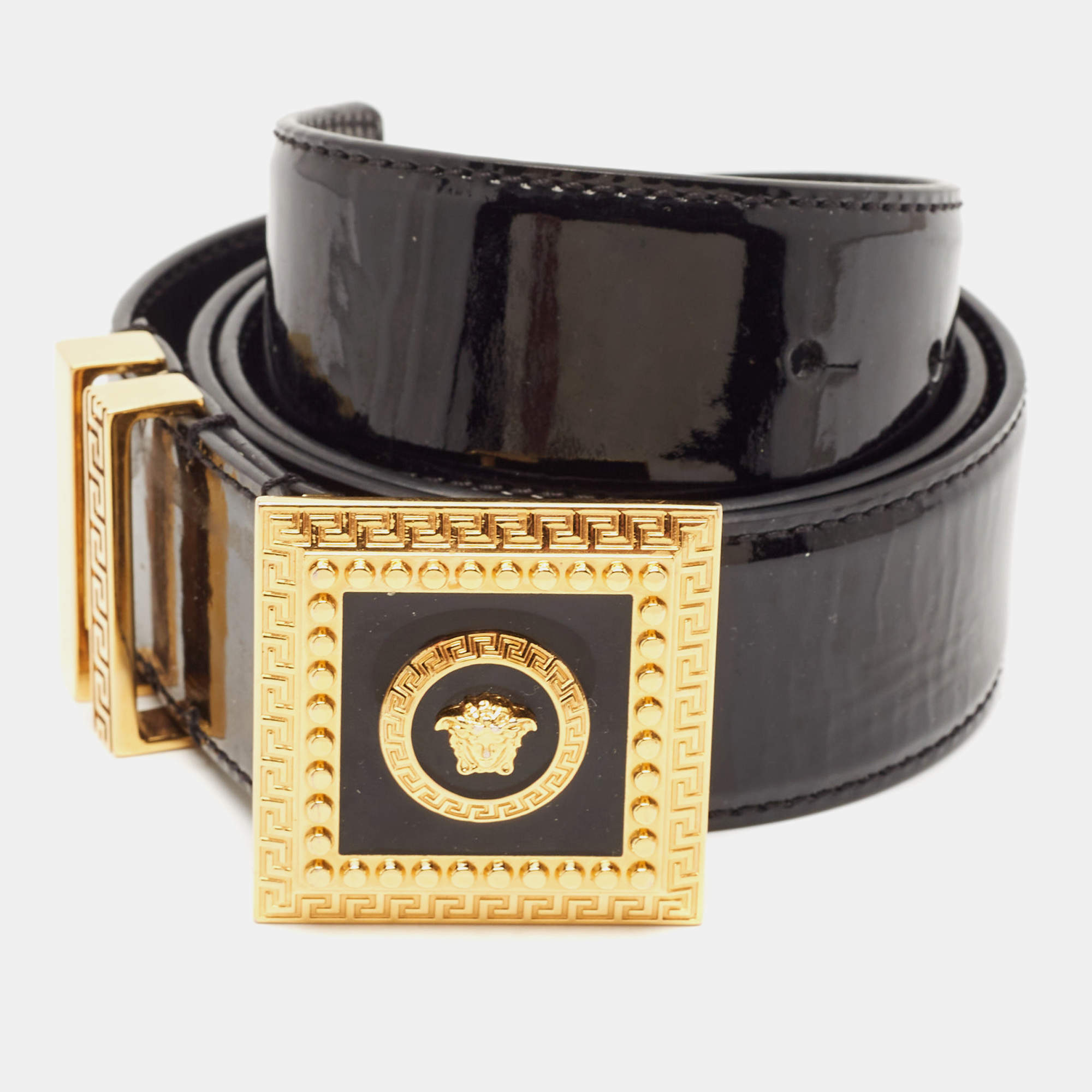 مملوكة مسبقًا Versace Black Patent Leather Medusa Square Buckle Belt 85 CM