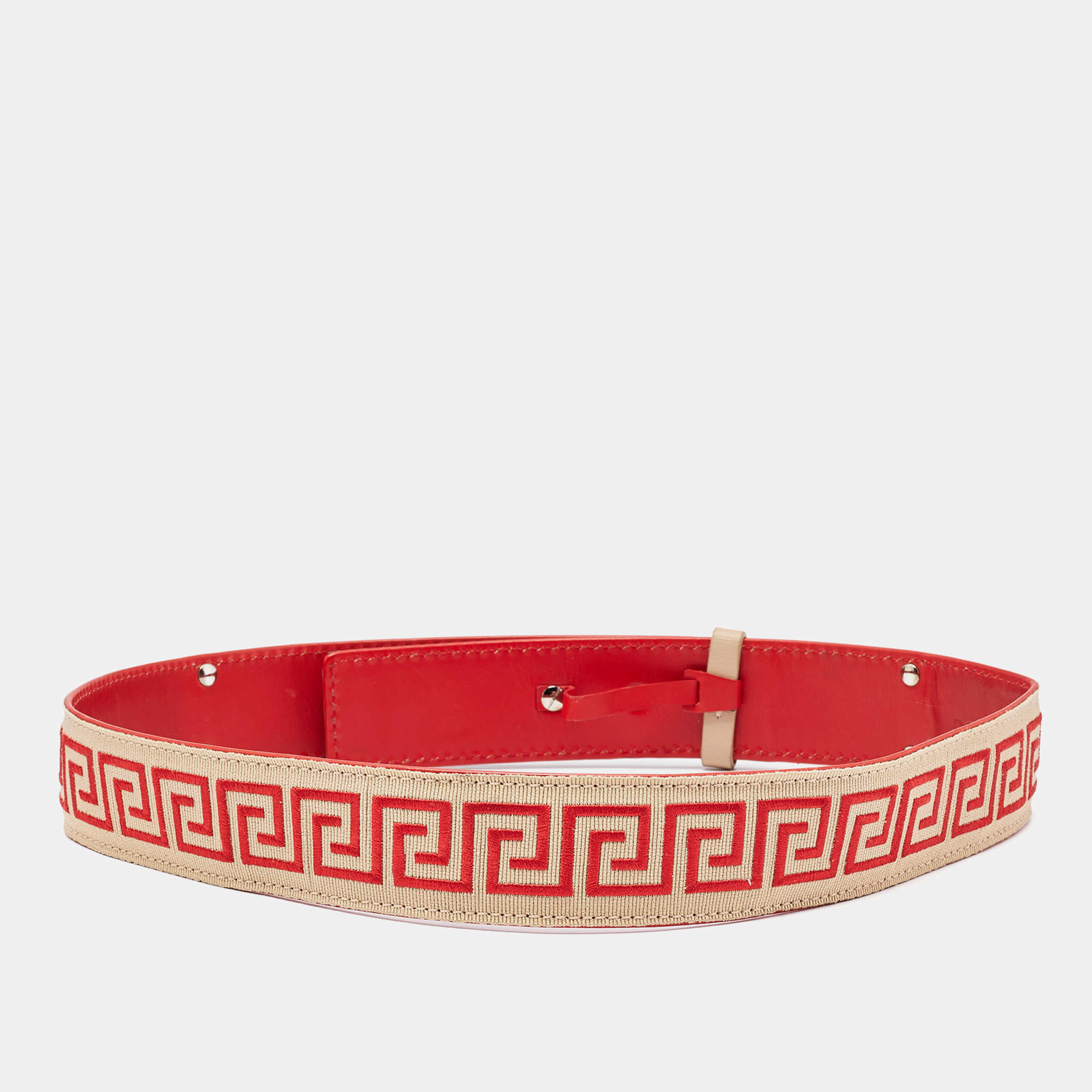 Versace Beige/Red Canvas and Leather Belt 75 CM