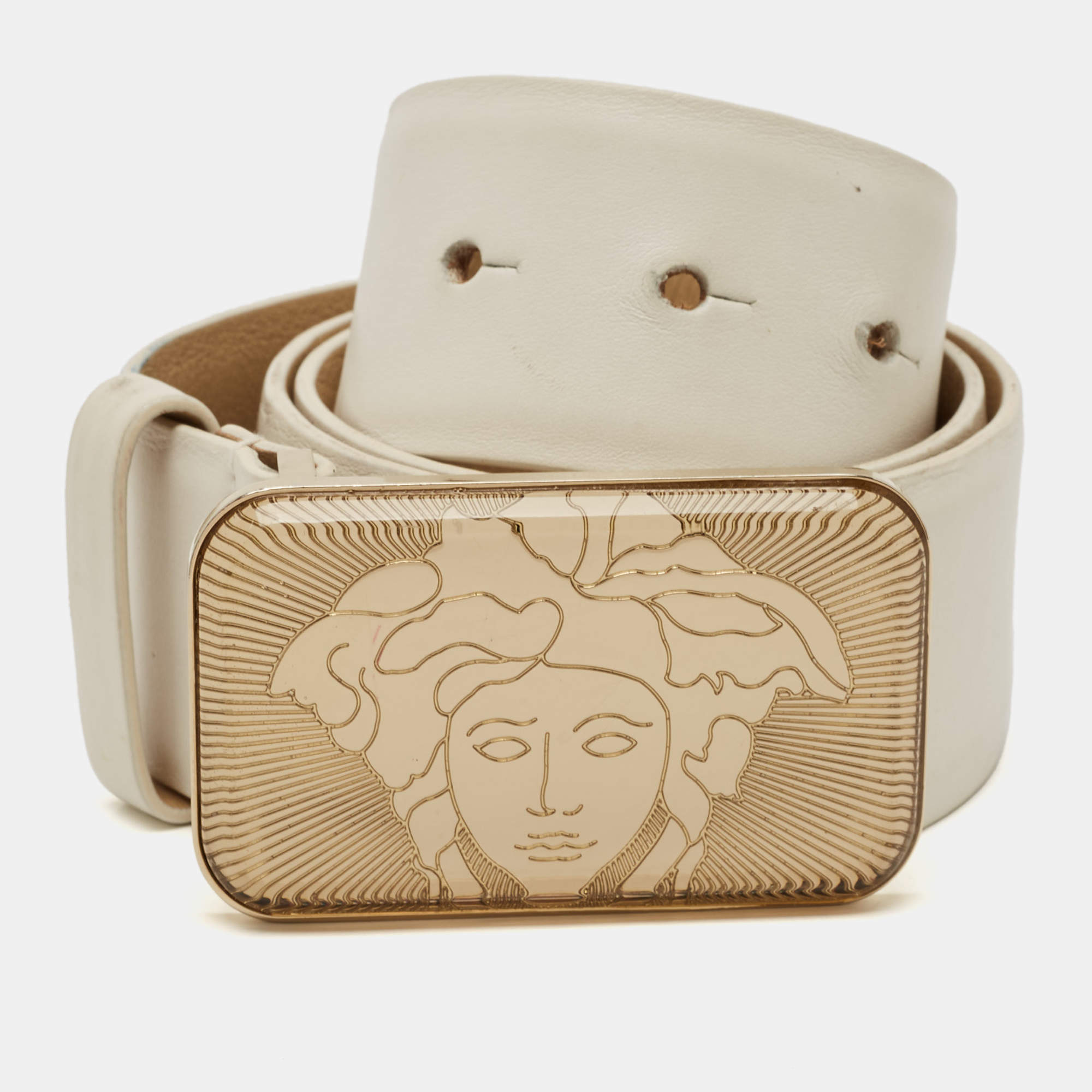 Pre Owned Versace White Leather Medusa Rectangle Buckle Belt 85 CM