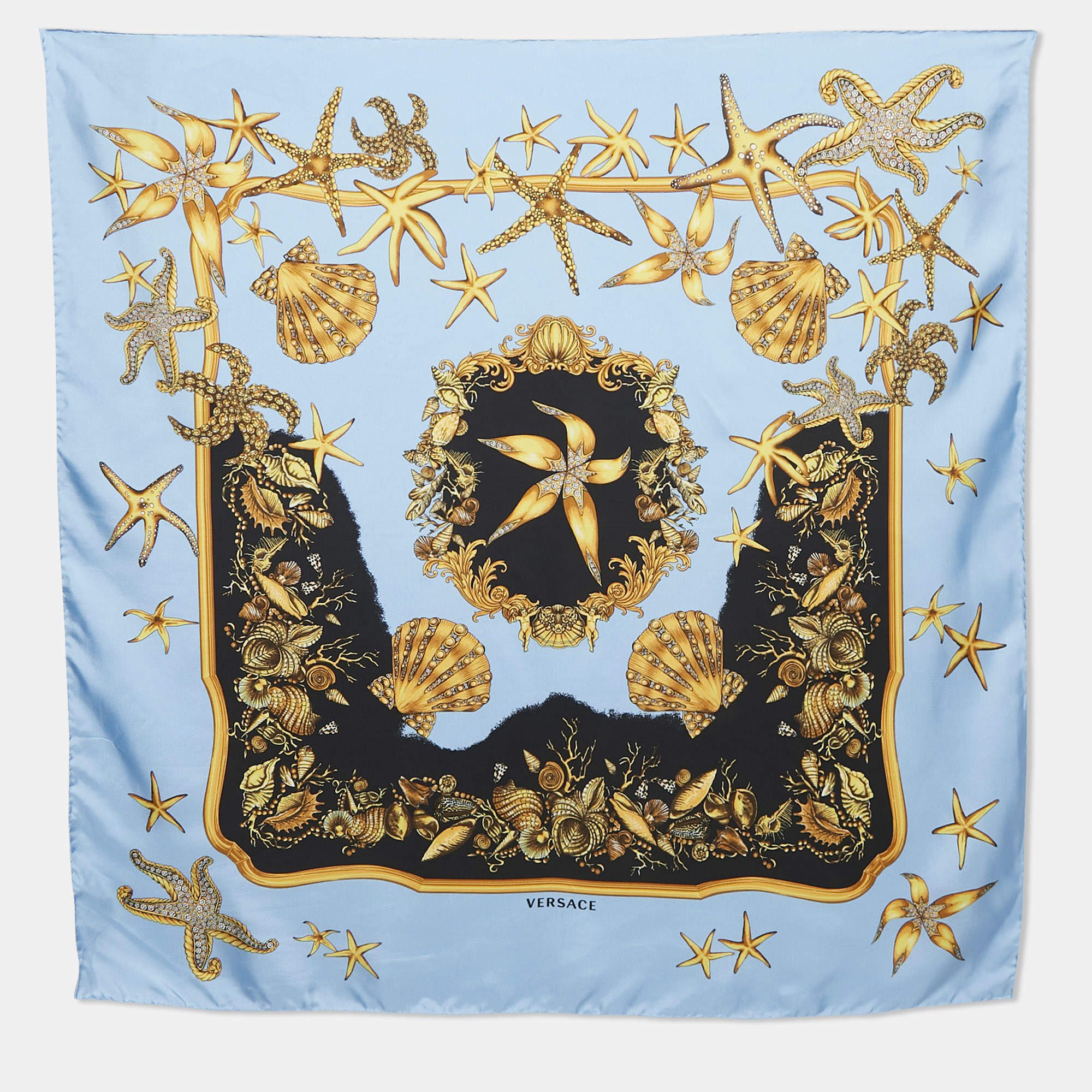 Pre Owned Versace Blue Trésor De La Mer Print Silk Scarf
