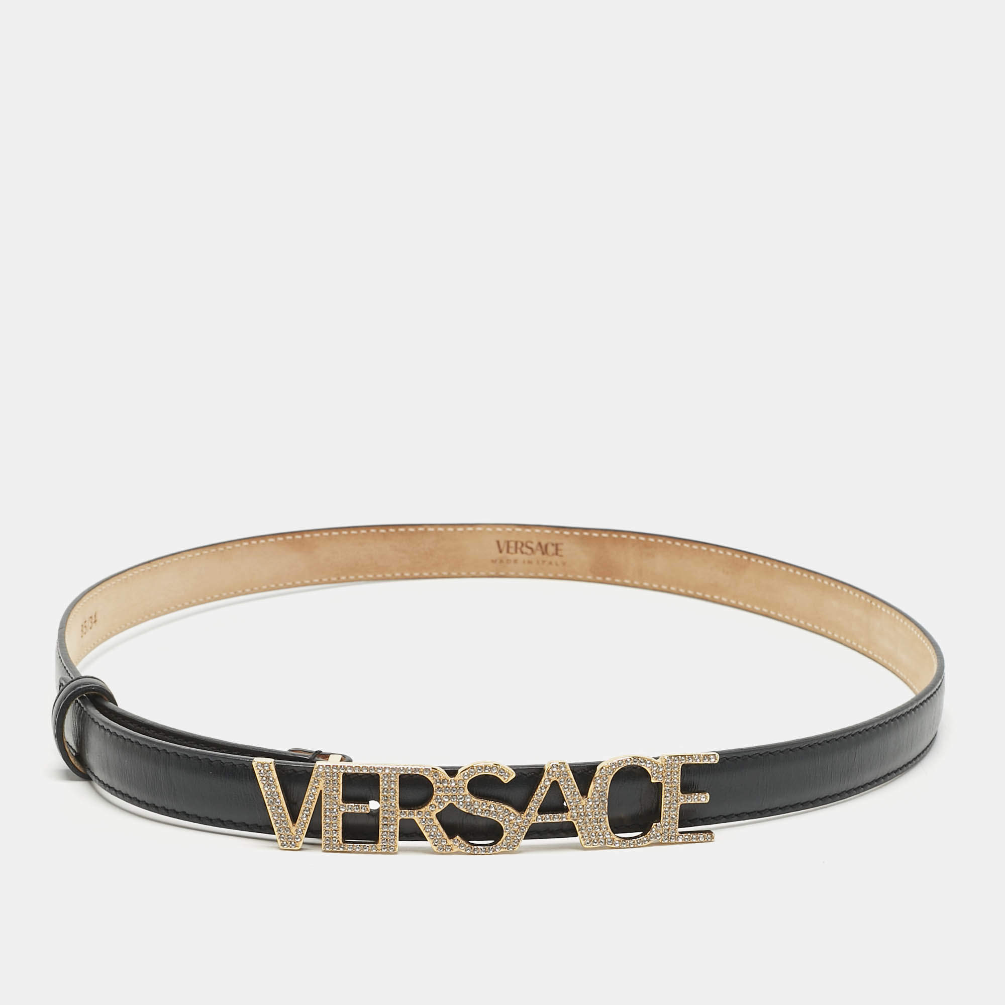Pre Owned Versace Black Leather Logo Crystals Waist Belt 85CM