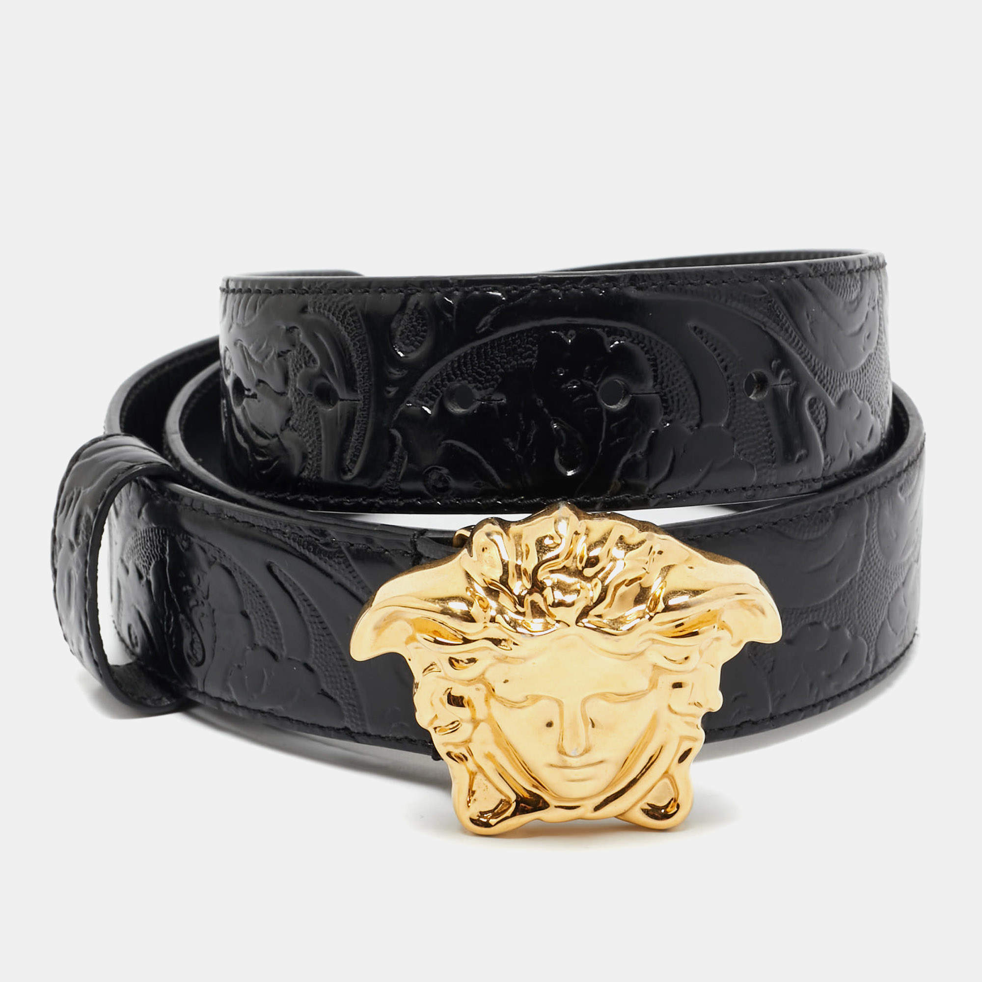 Pre Owned Versace Black Barocco Embossed Leather Medusa Buckle Belt 90CM