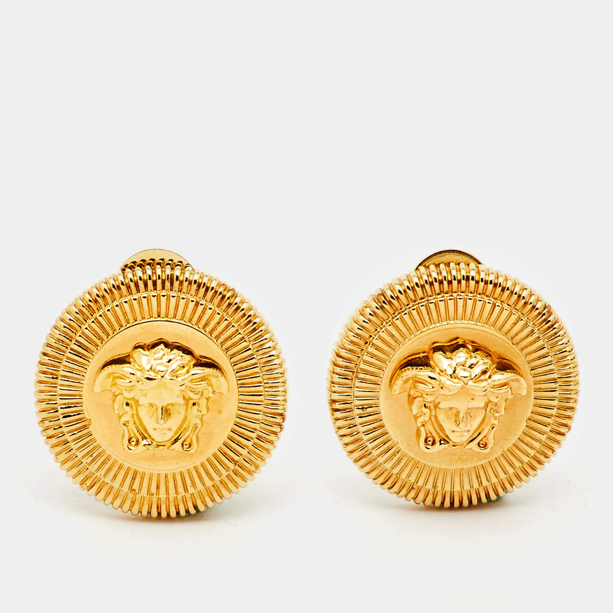 Pre Owned Versace Medusa Biggie Gold Tone Earrings