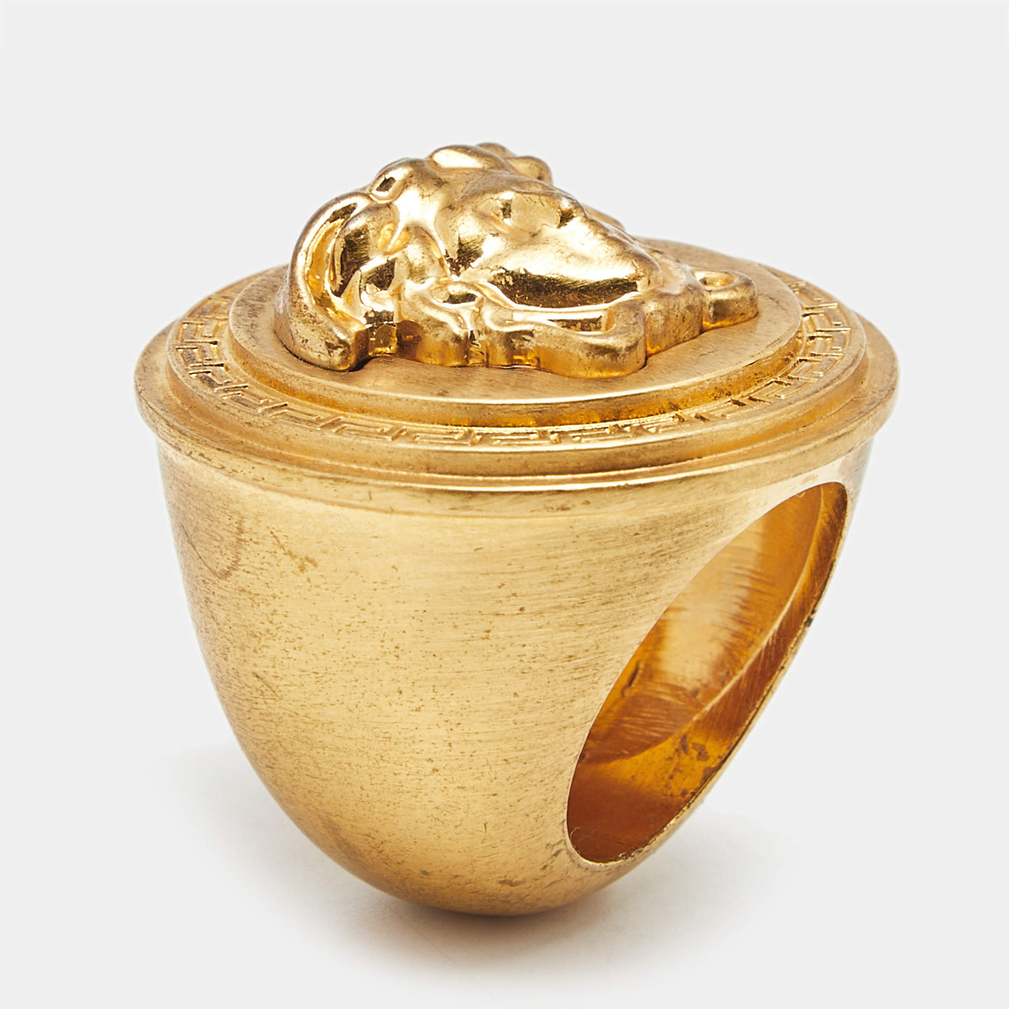 Pre Owned Versace Icon Medusa Gold Tone Large Ring Size 57