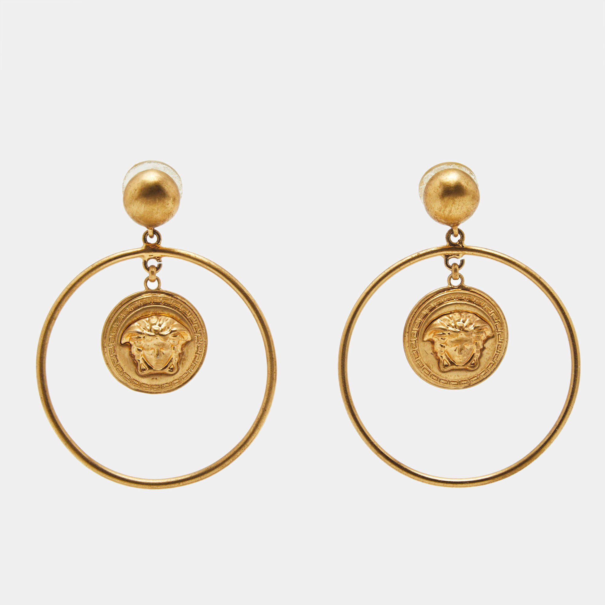 Pre Owned Versace Medusa Head Gold Tone Large Hoop Earrings