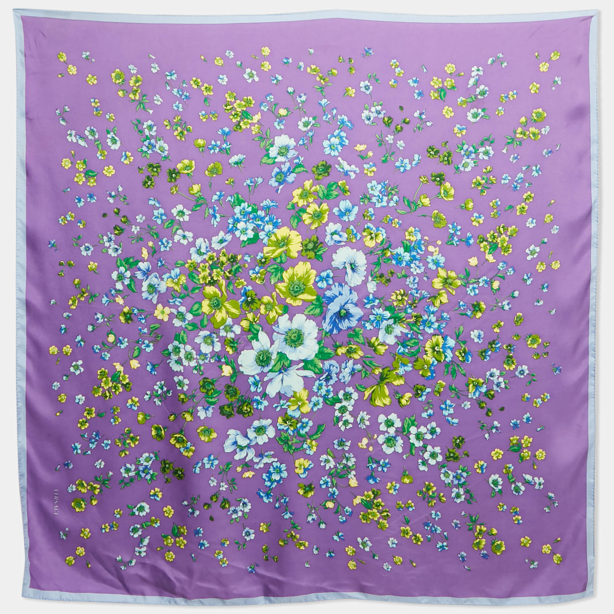 Pre Owned Versace Purple Floral Print Silk Scarf 