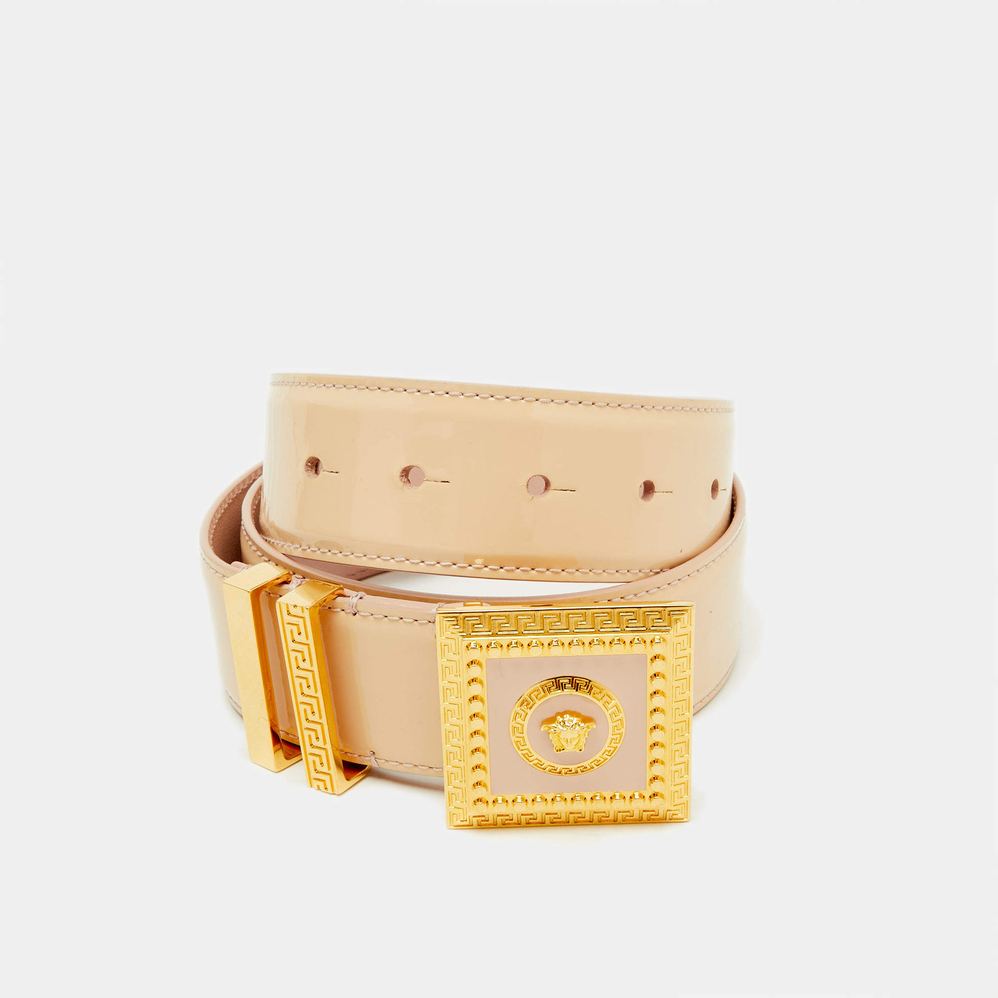 Pre Owned Versace Pink Patent Leather Medusa Square Buckle Belt 75CM