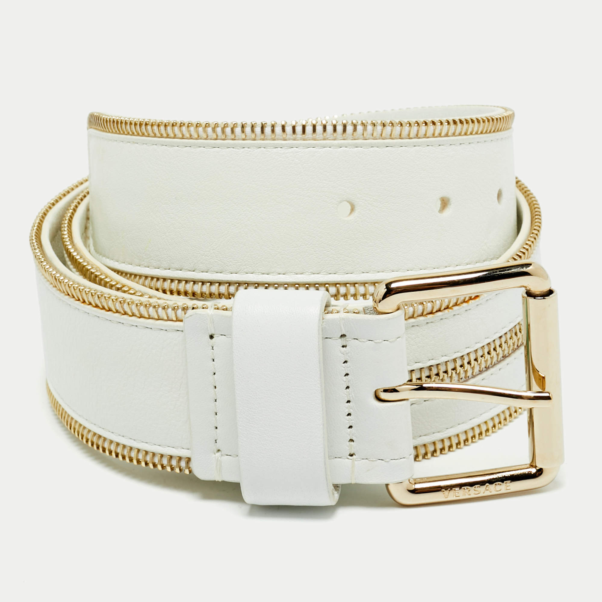 Pre Owned Versace White Leather Zip Detail Buckle Belt 70 CM