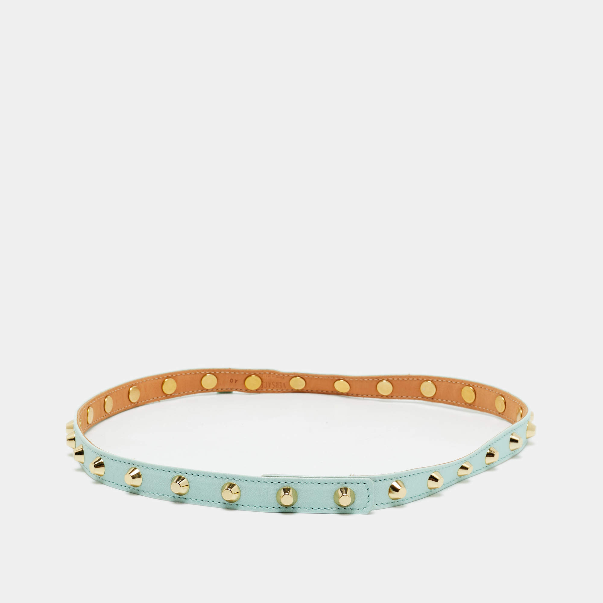 Pre Owned Versace  Light Blue Leather Studded Wrap Around Bracelet 