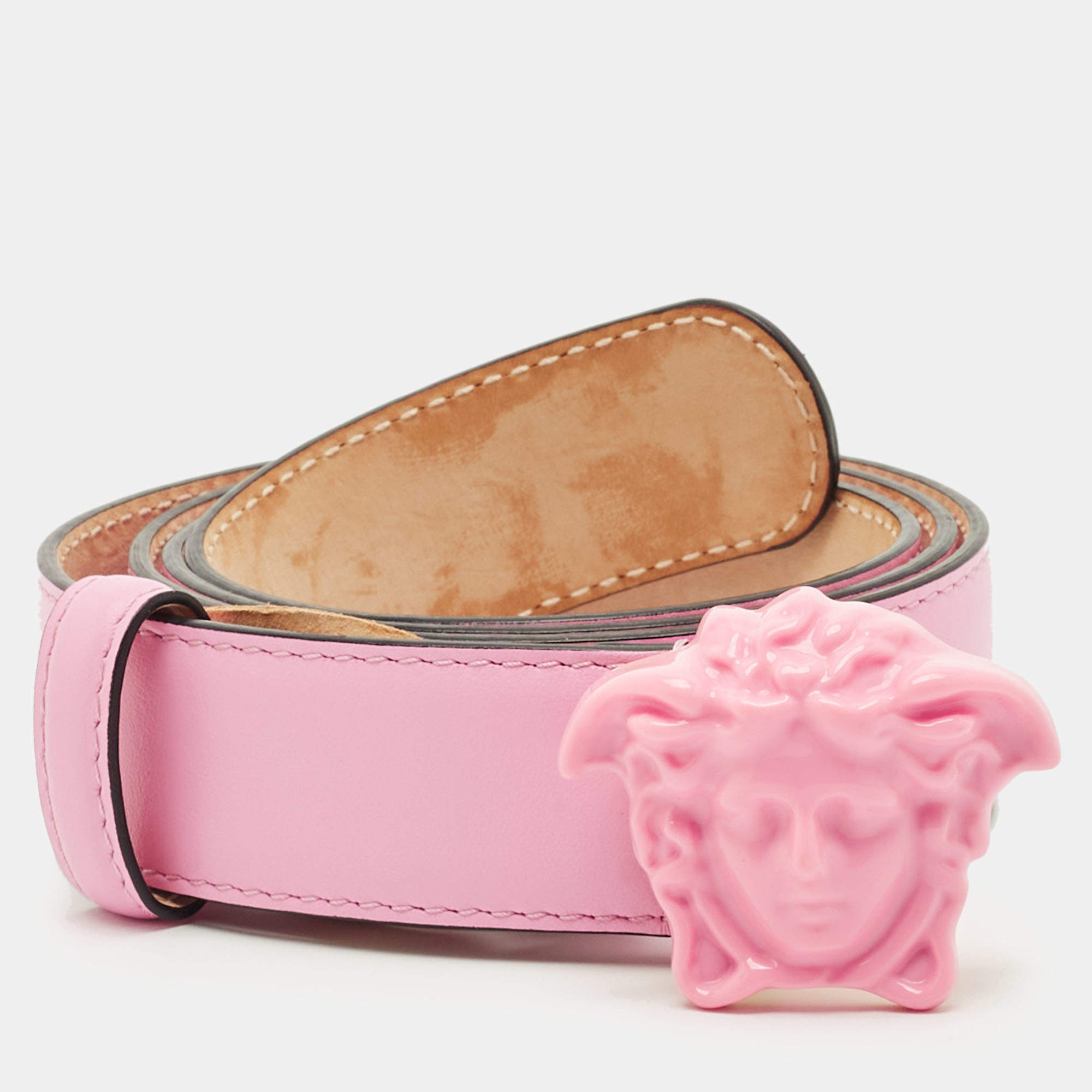 Pre Owned Versace Pink Leather Medusa Buckle Belt 85CM
