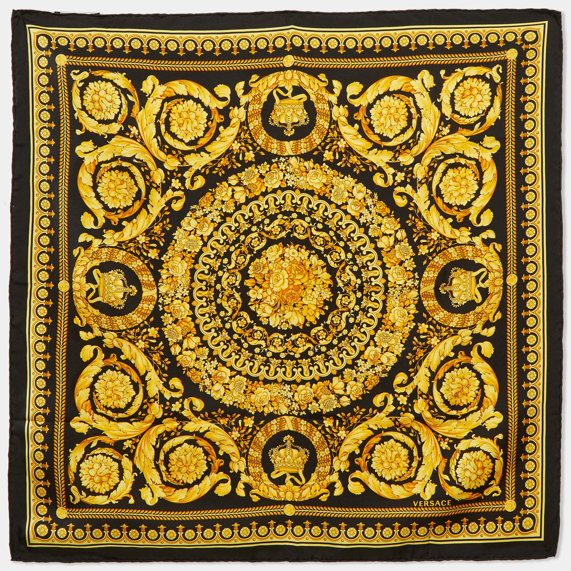 Pre Owned Versace Black/Gold Baroque Print Silk Square Scarf