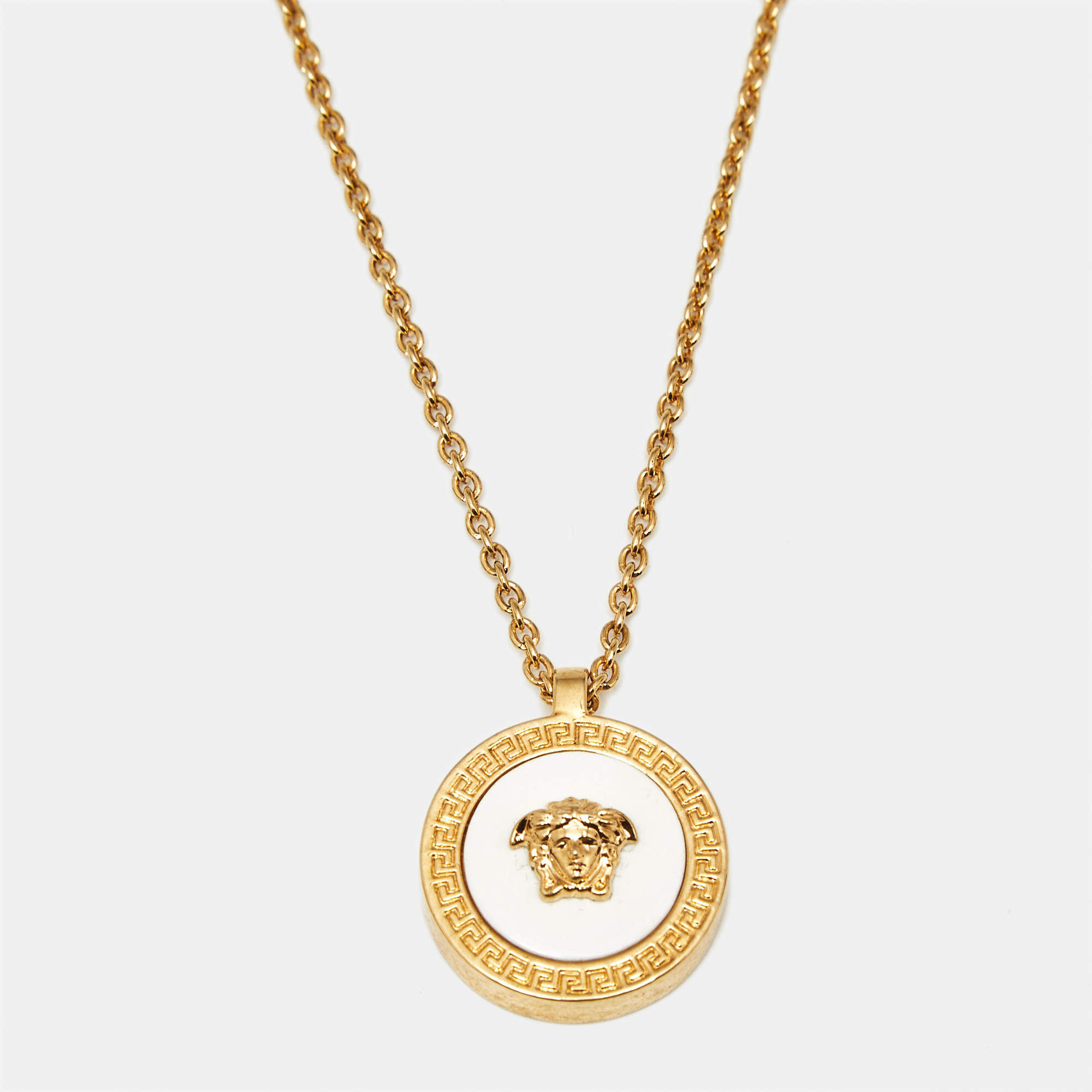 Pre Owned Versace Medusa Ceramic Gold Tone Pendant Necklace