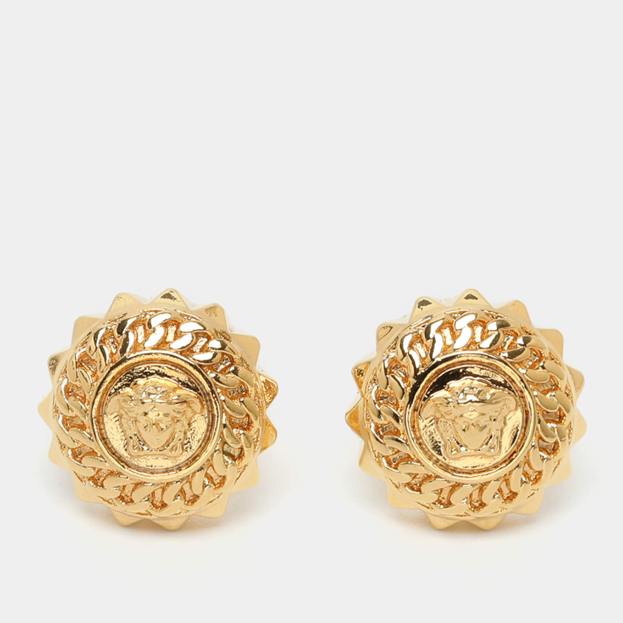 Pre Owned Versace Medusa Chain Gold Tone Stud Earrings