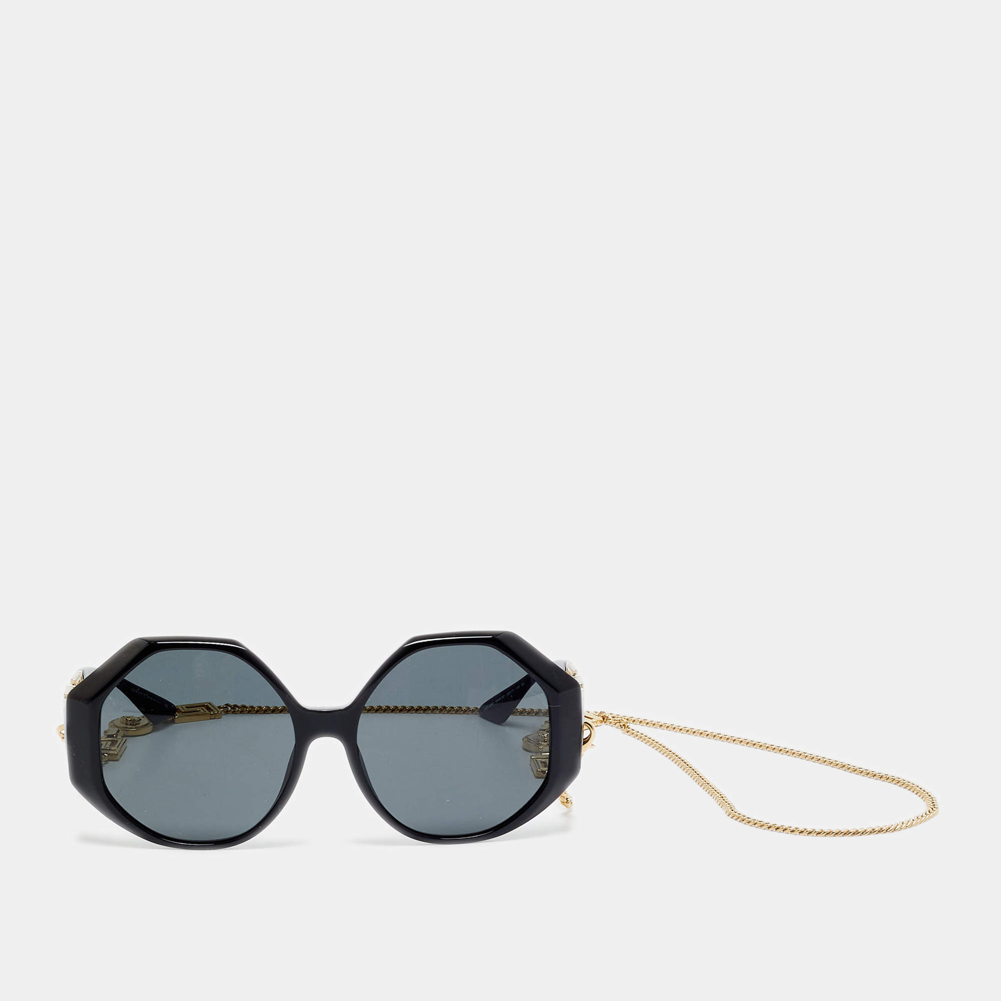 Pre Owned Versace Black MOD 4395 Medusa Greca Chain Oversized Sunglasses