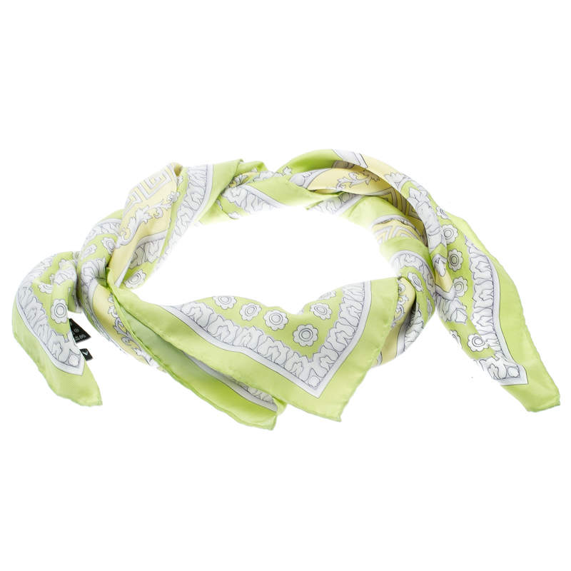 Versace Lime Green Floral Baroque Printed Silk Square Scarf