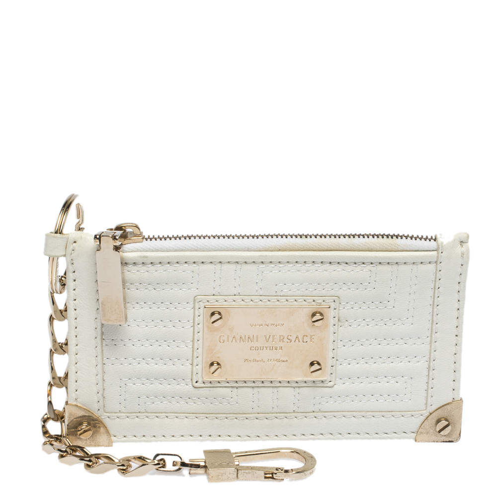 Versace White Quilted Leather Coin Purse and Key Charm