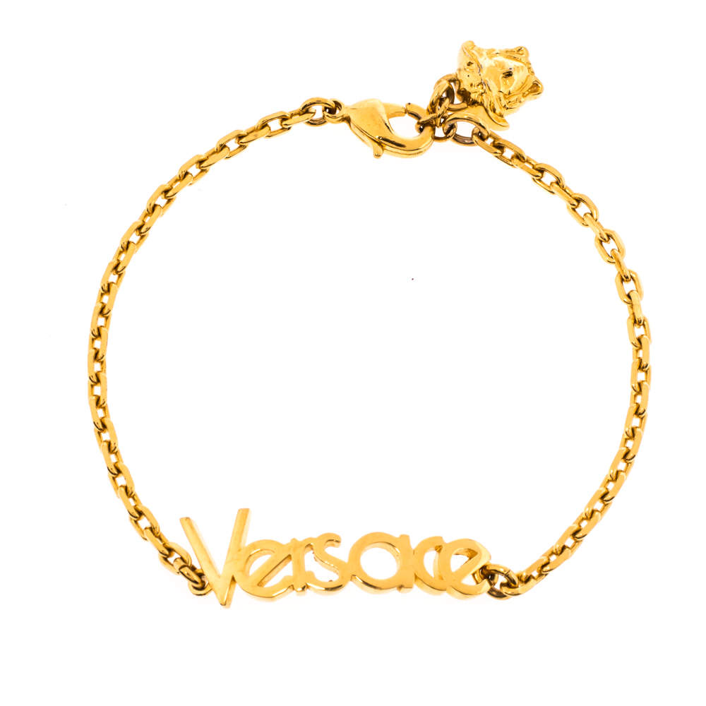 Pre Owned Versace Vintage Gold Tone Logo Bracelet