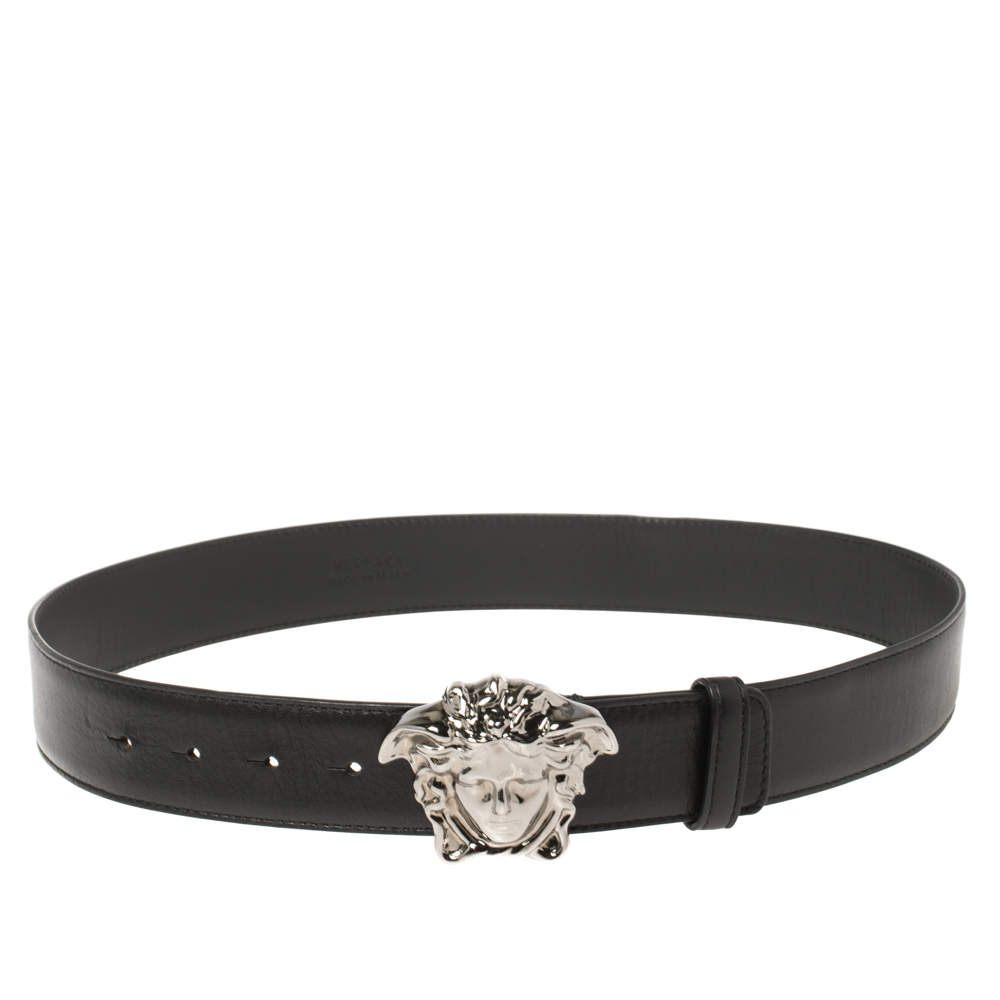 Pre Owned Versace Black Leather Medusa Buckle Belt 85CM