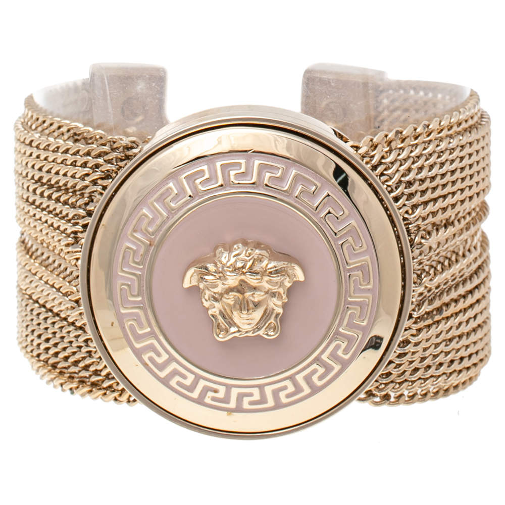 Pre Owned Versace Pink Enamel Medusa Icon Gold Tone Multi Strand Vanitas Bracelet