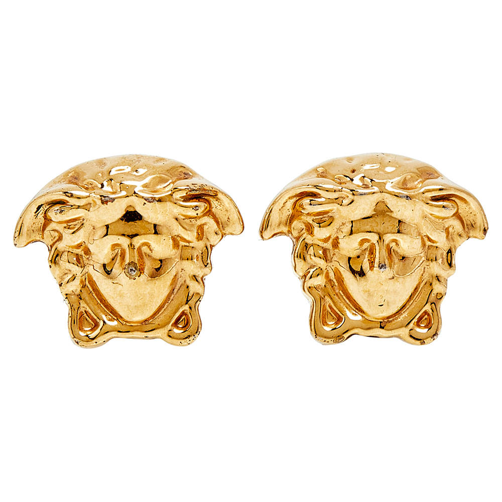 Pre Owned Versace Gold Tone Medusa Head Stud Earrings