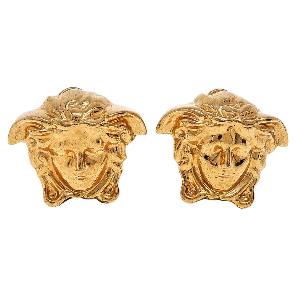 Pre Owned Versace Gold Tone Medusa Stud Earrings