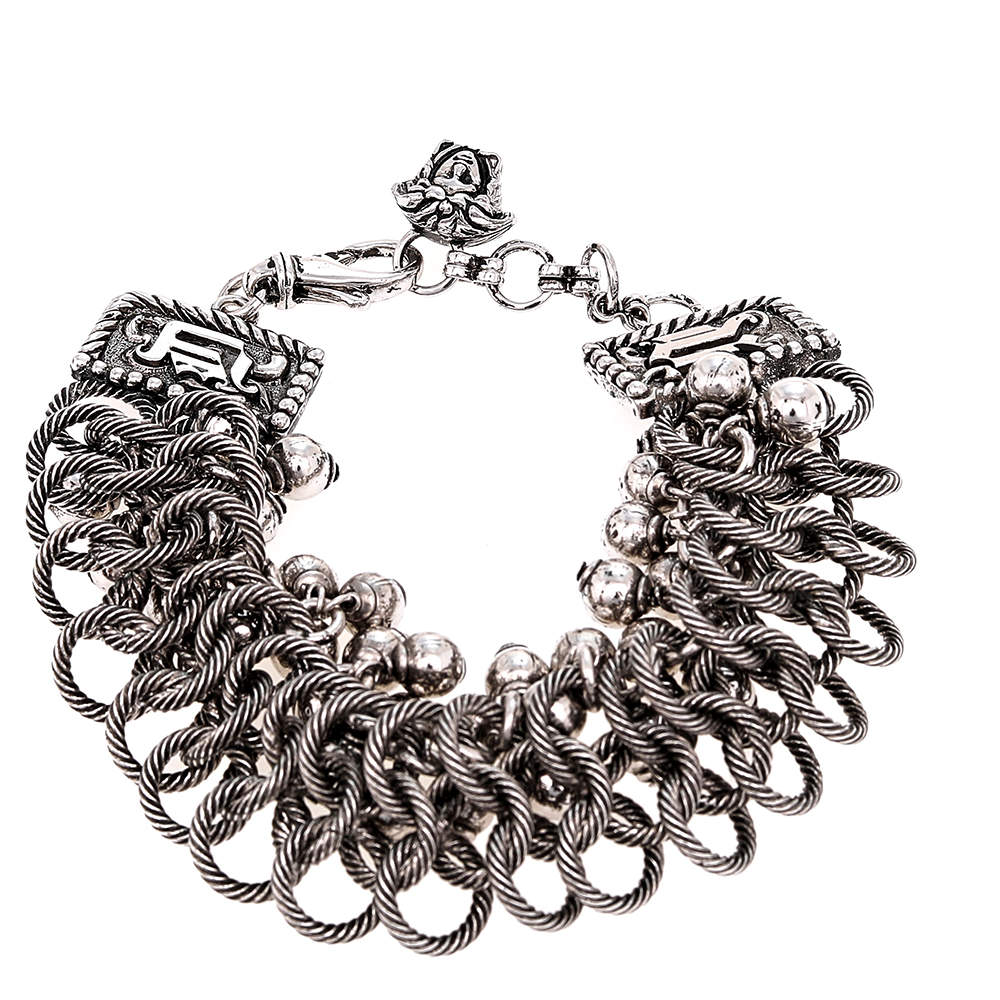 Pre Owned Versace Gunmetal Tone Triple Link Charm Bracelet