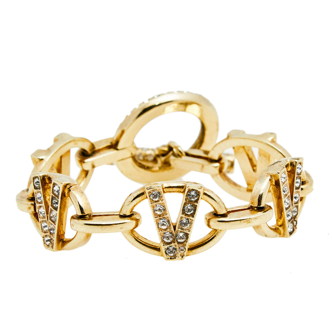 Pre Owned Versace V Gold Tone Metal and Crystal Bracelet