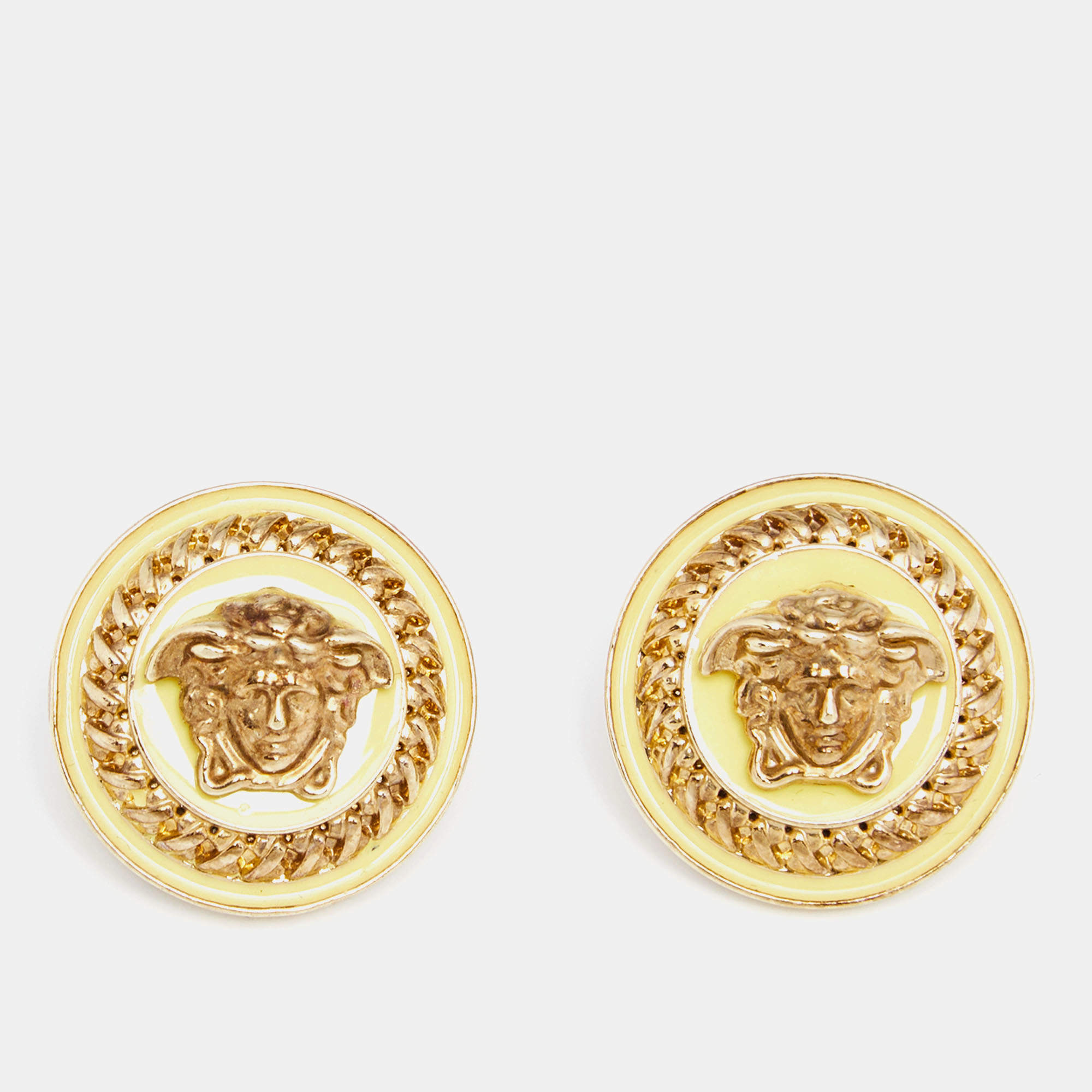 Pre Owned Versace Gold Tone Medusa Enamel Gold Tone Metal Stud Earrings
