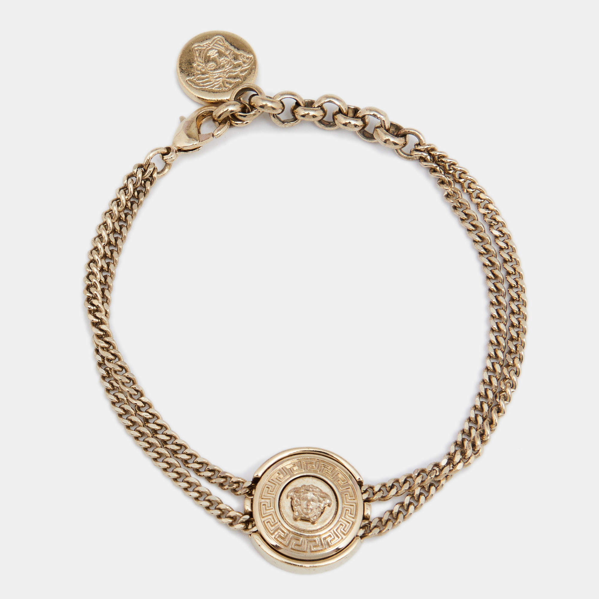 Versace Gold Tone Medusa Round Charm Double Chain Bracelet