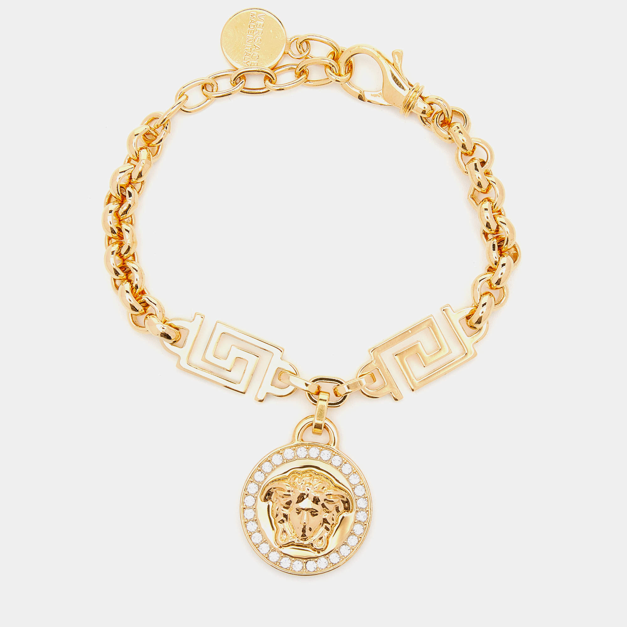 مملوكة مسبقًا Versace Gold Tone Greca Crystal Embellished Icon Medusa Bracelet
