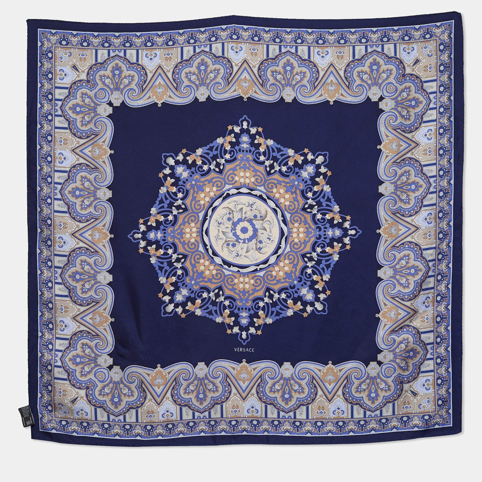 Versace Navy Blue Printed Silk Square Scarf