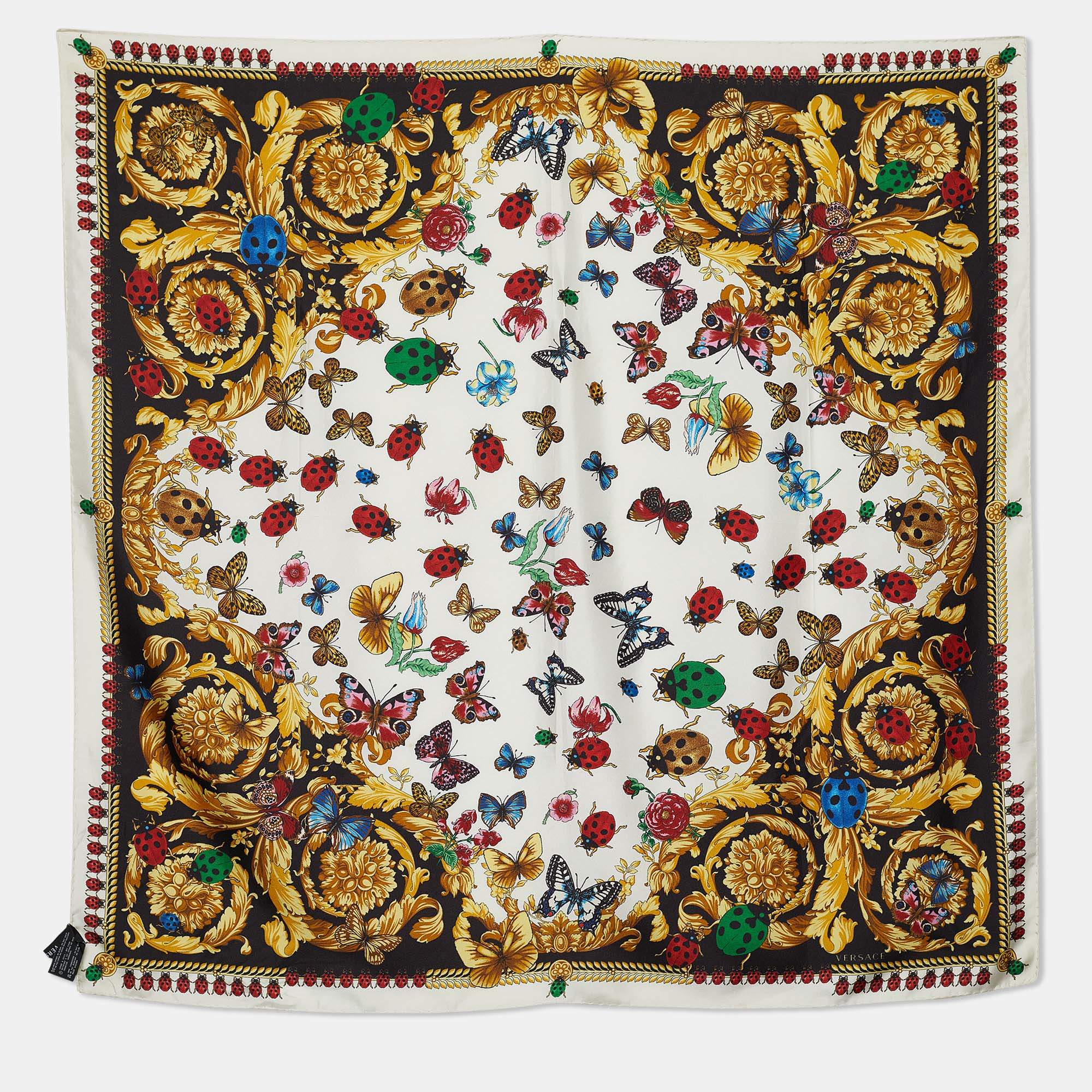 Versace White Butterfly and Ladybird Print Silk Scarf