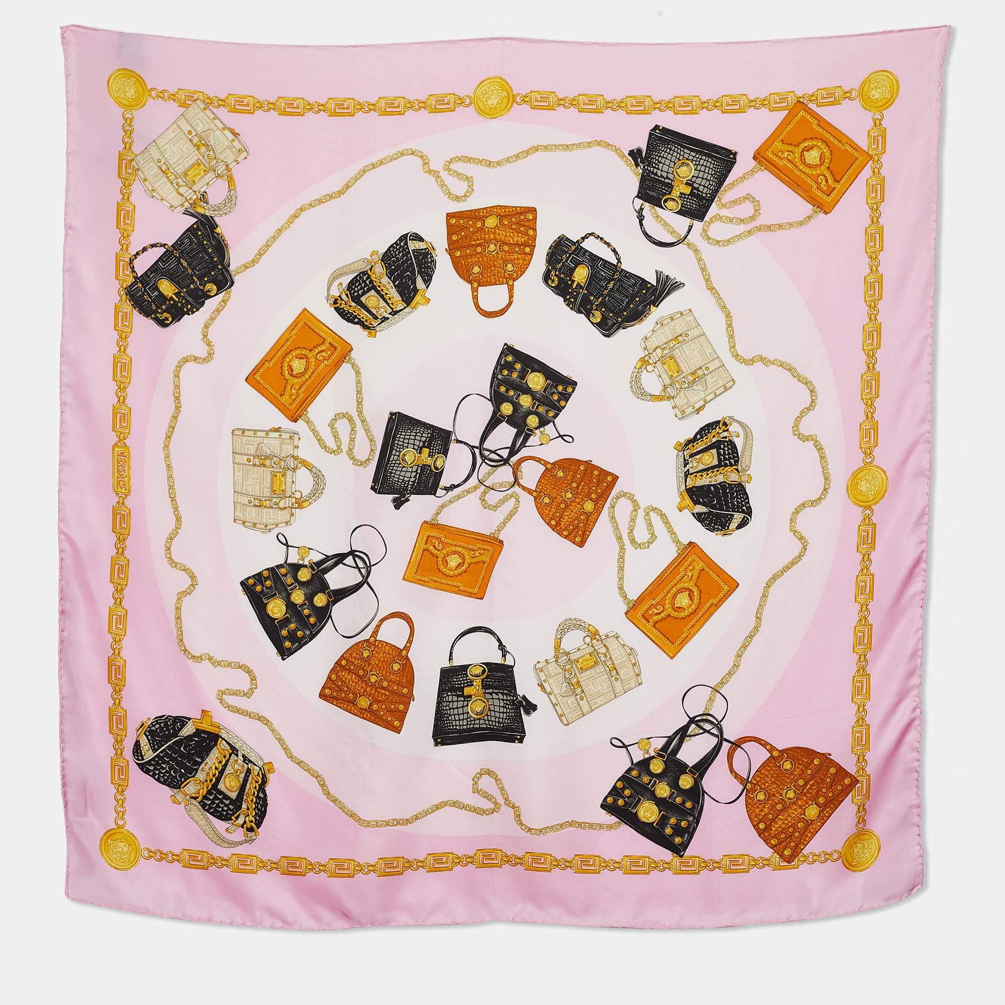 Versace Pink Bags & Chain Print Silk Scarf