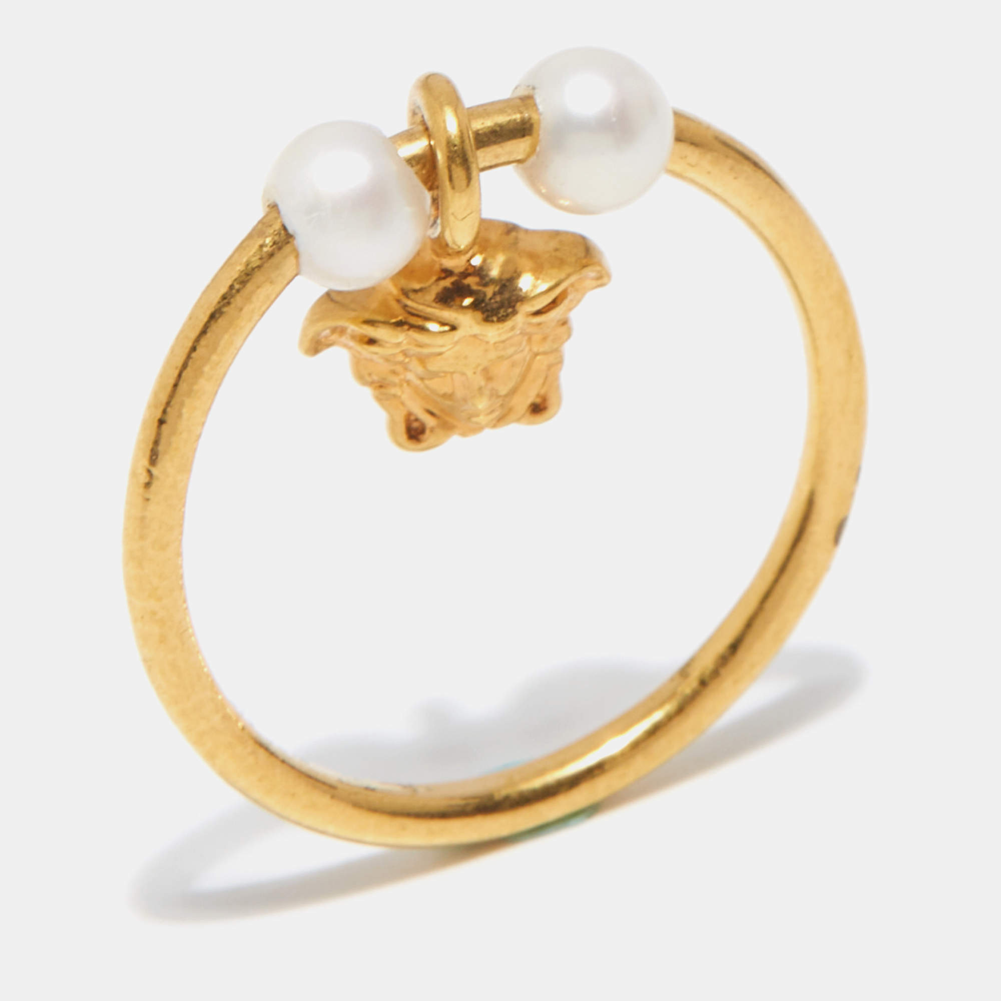Versace Medusa Faux Pearl Gold Tone Ring Size 53