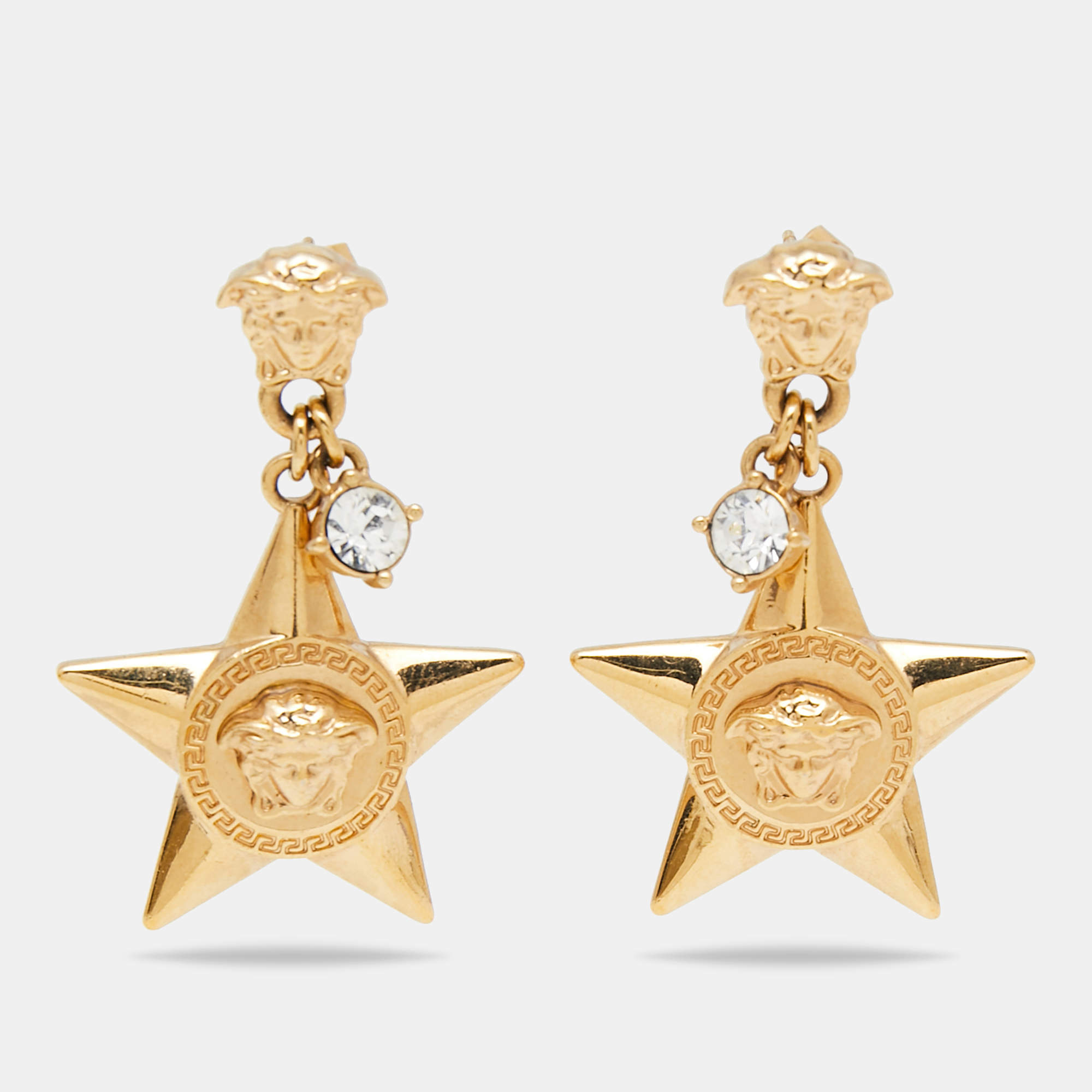 Pre Owned Versace Medusa Crystals Star Sterling Silver Gold Tone Drop Earrings