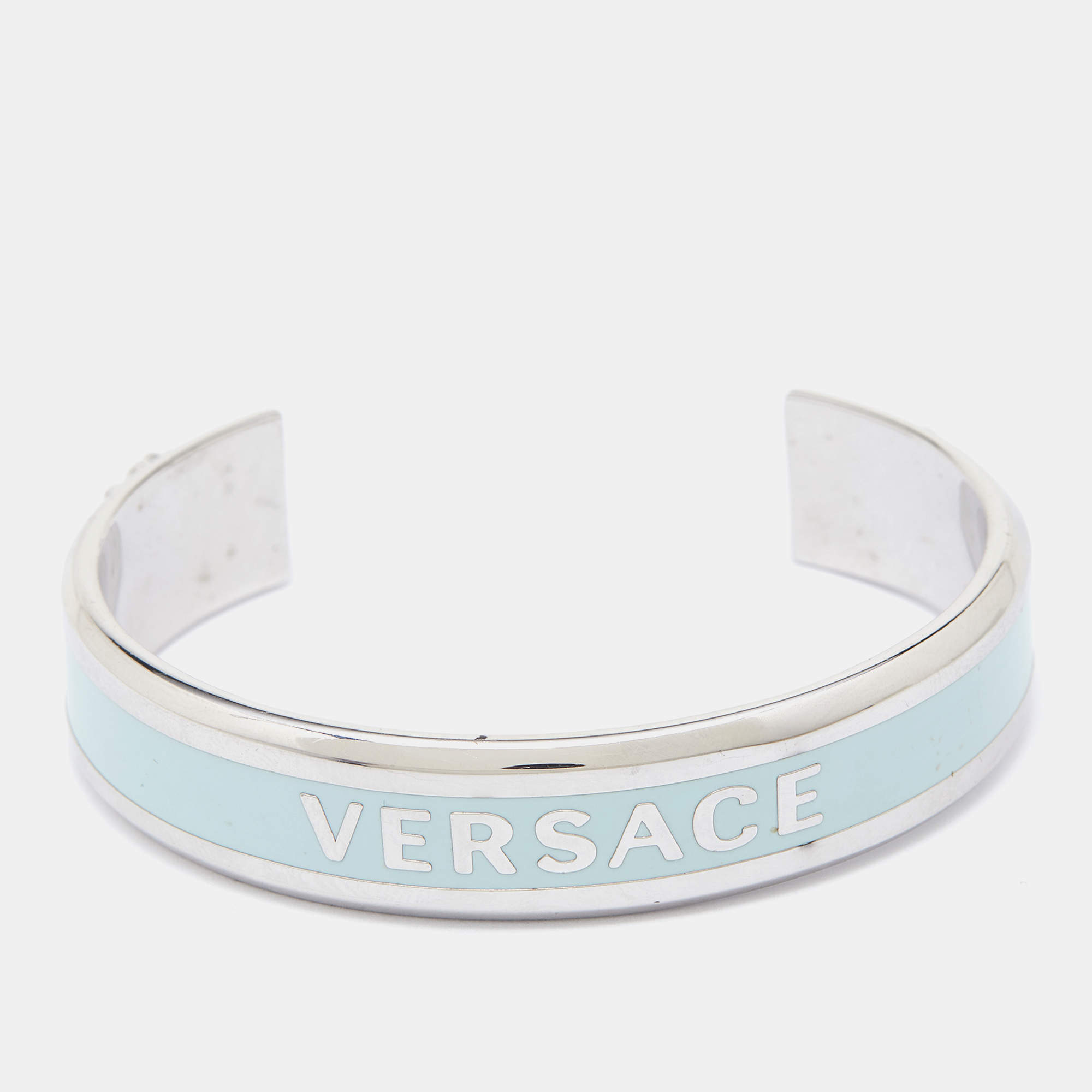 Pre Owned Versace Silver Tone Logo Enamel Medusa Open Cuff Bracelet