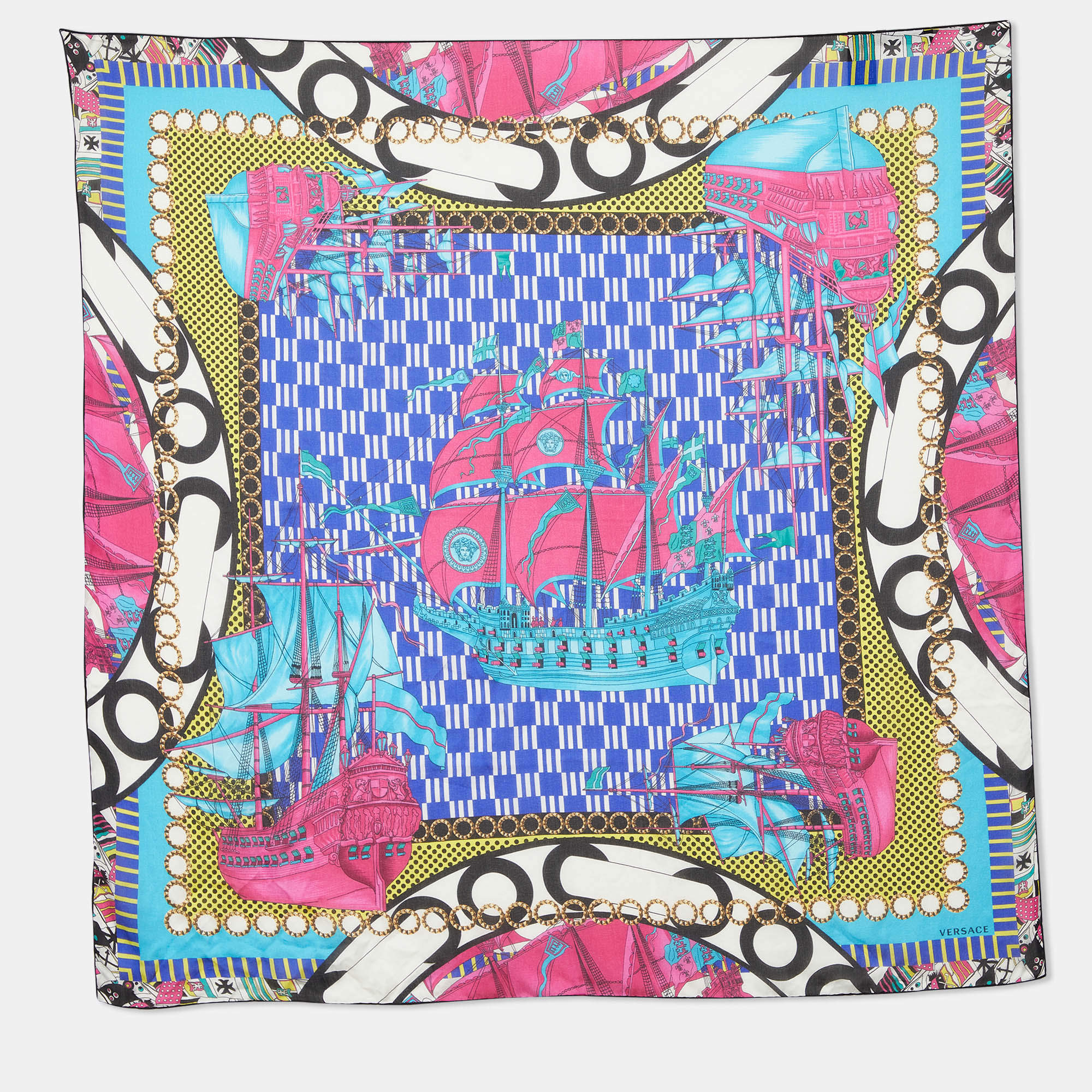 Pre Owned Versace Multicolor Ship Printed Silk Square Scarf 