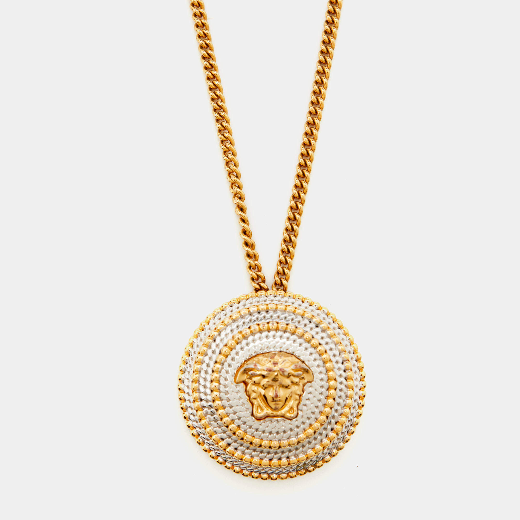 Versace Two Tone Medusa Medallion Pendant Gold Tone Chain Necklace
