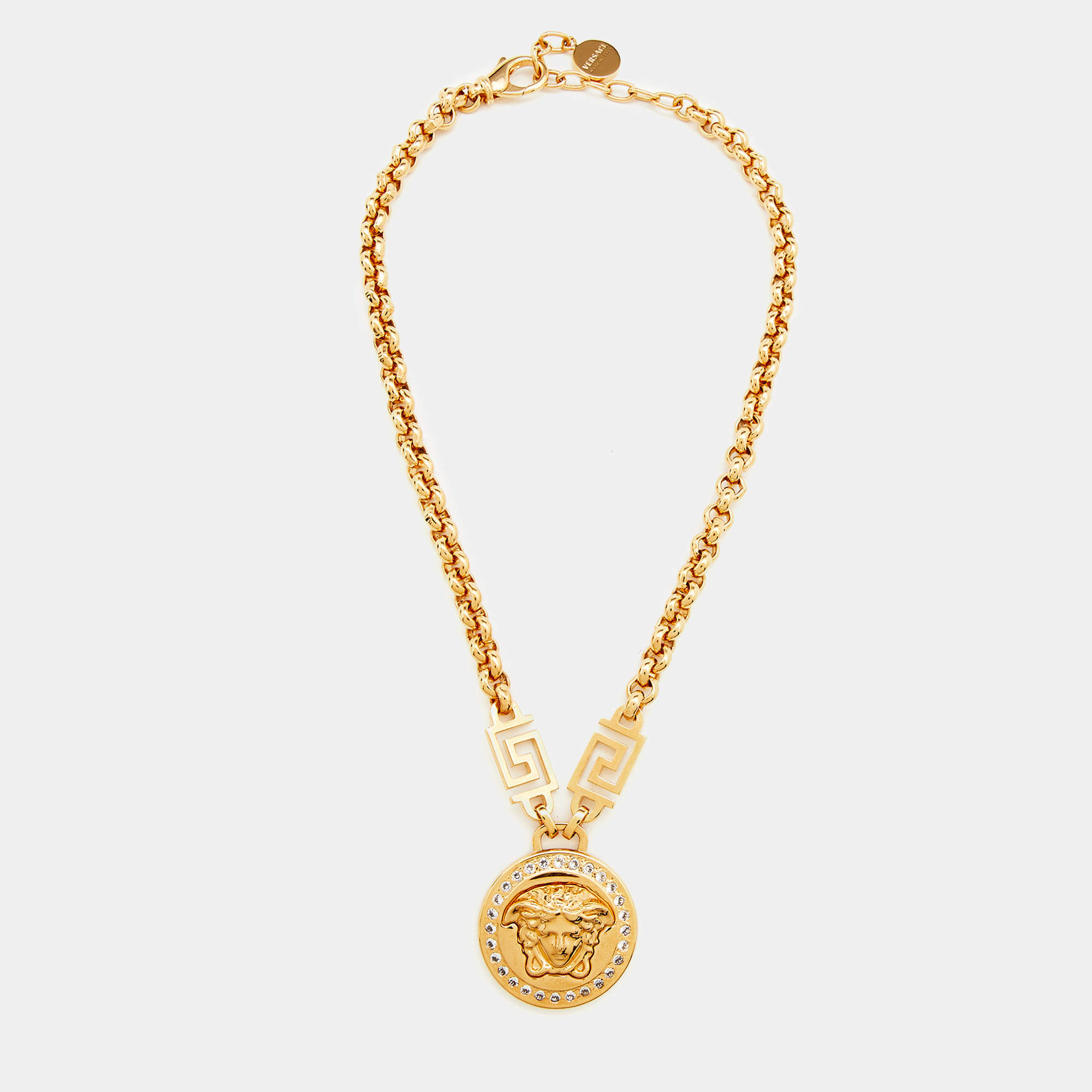مملوكة مسبقًا Versace Gold Tone Crystal La Medusa Greca Chain Necklace