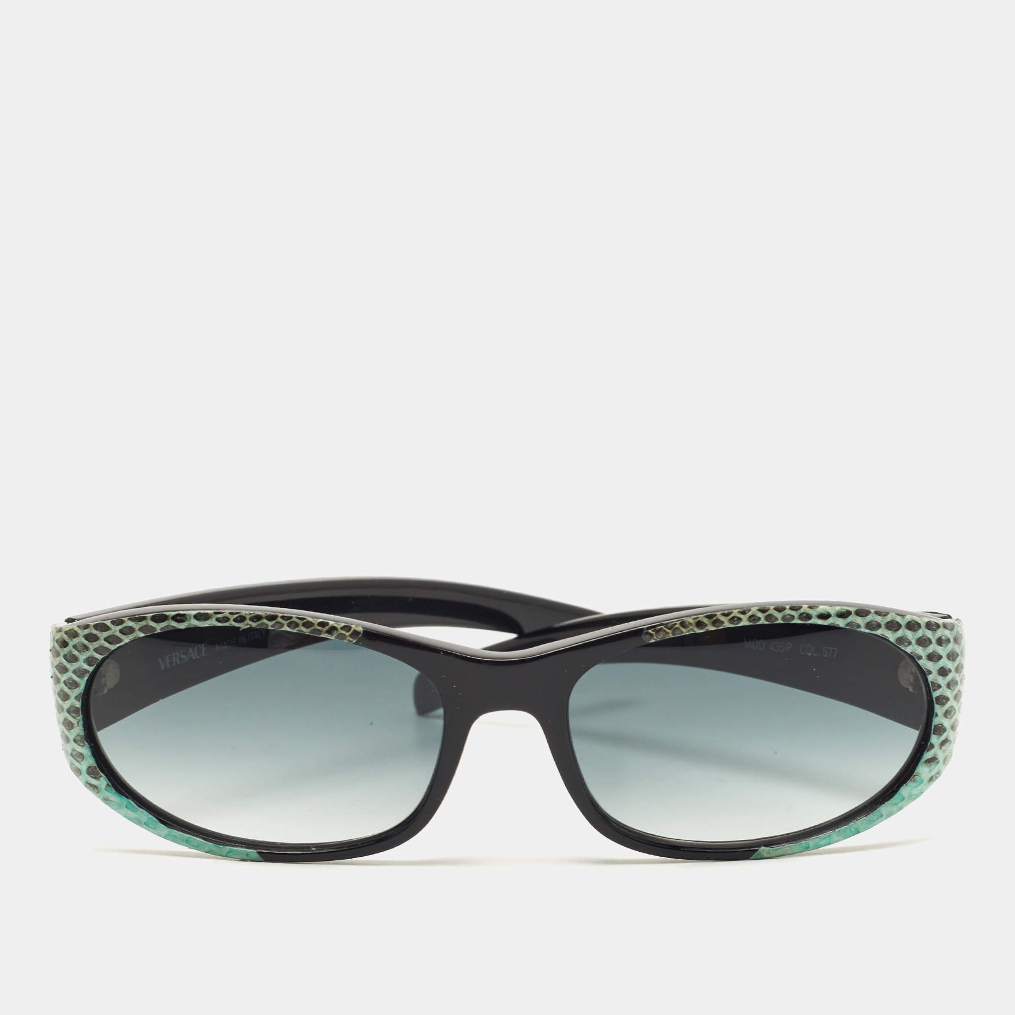 Pre Owned Versace Black/Green Watersnake Leather Rectangular Gradient Sunglasses