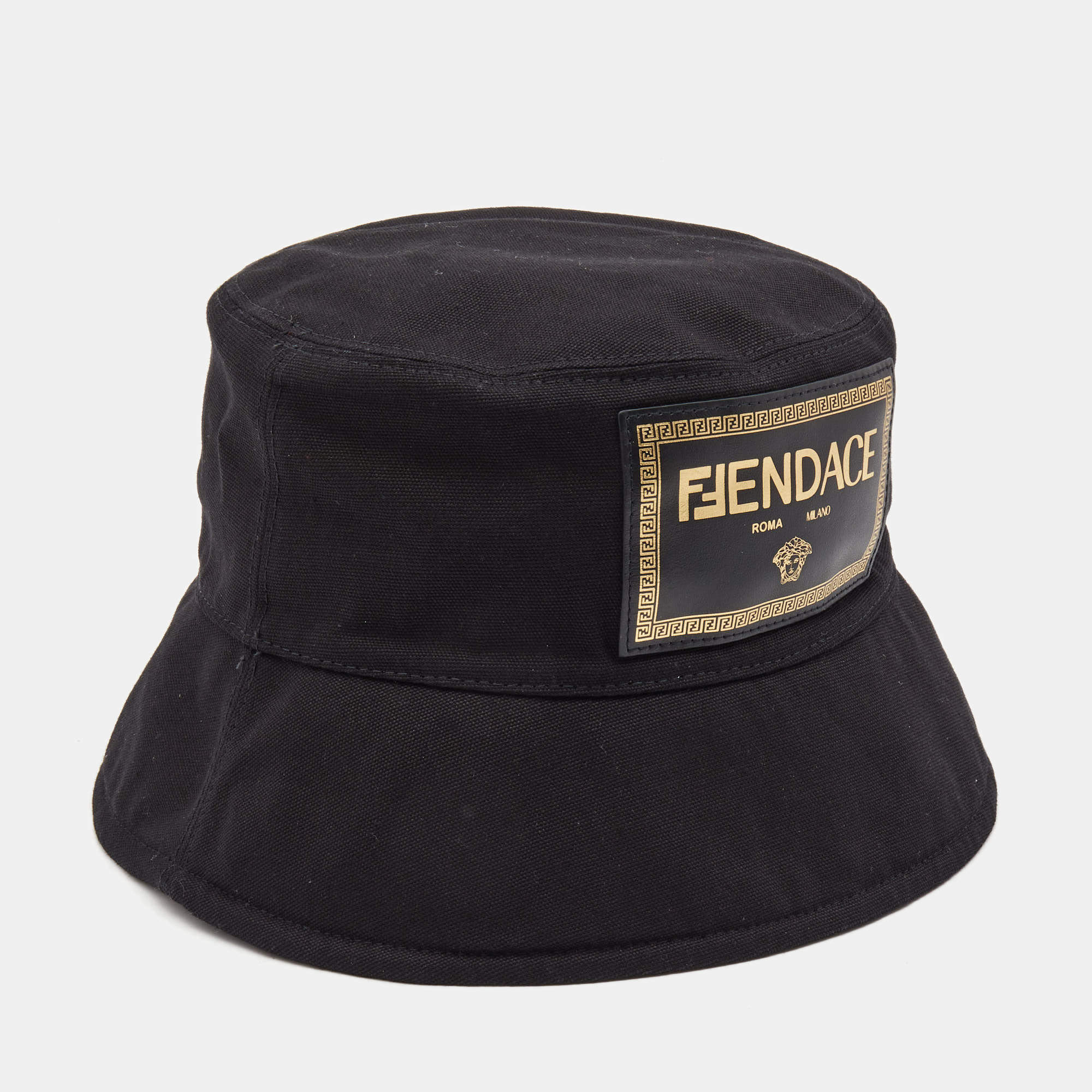 Pre Owned Versace x Fendi Black Logo Patch Detail Cotton Bucket Hat