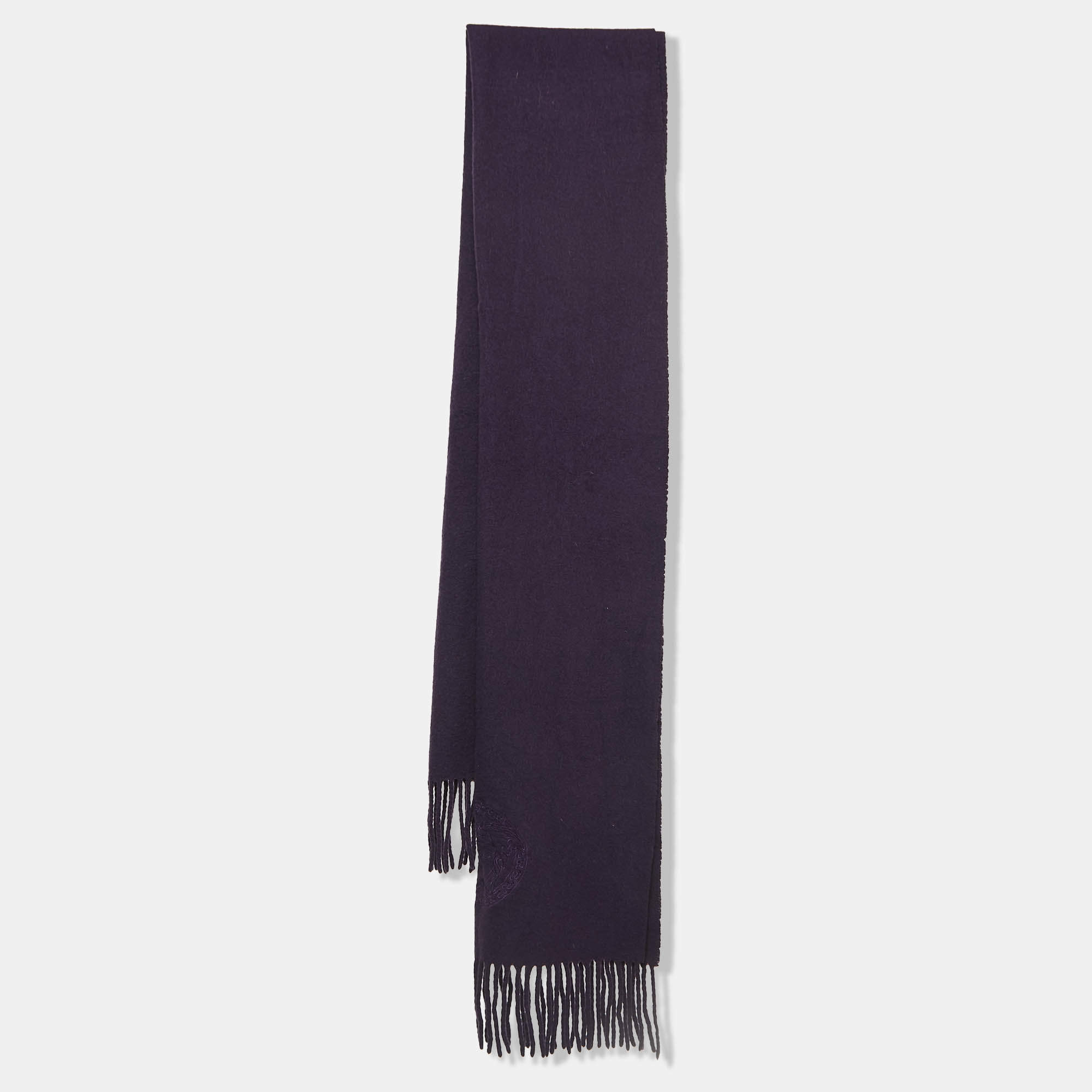 Pre Owned Versace Purple Wool Logo Detail Fringed Stole