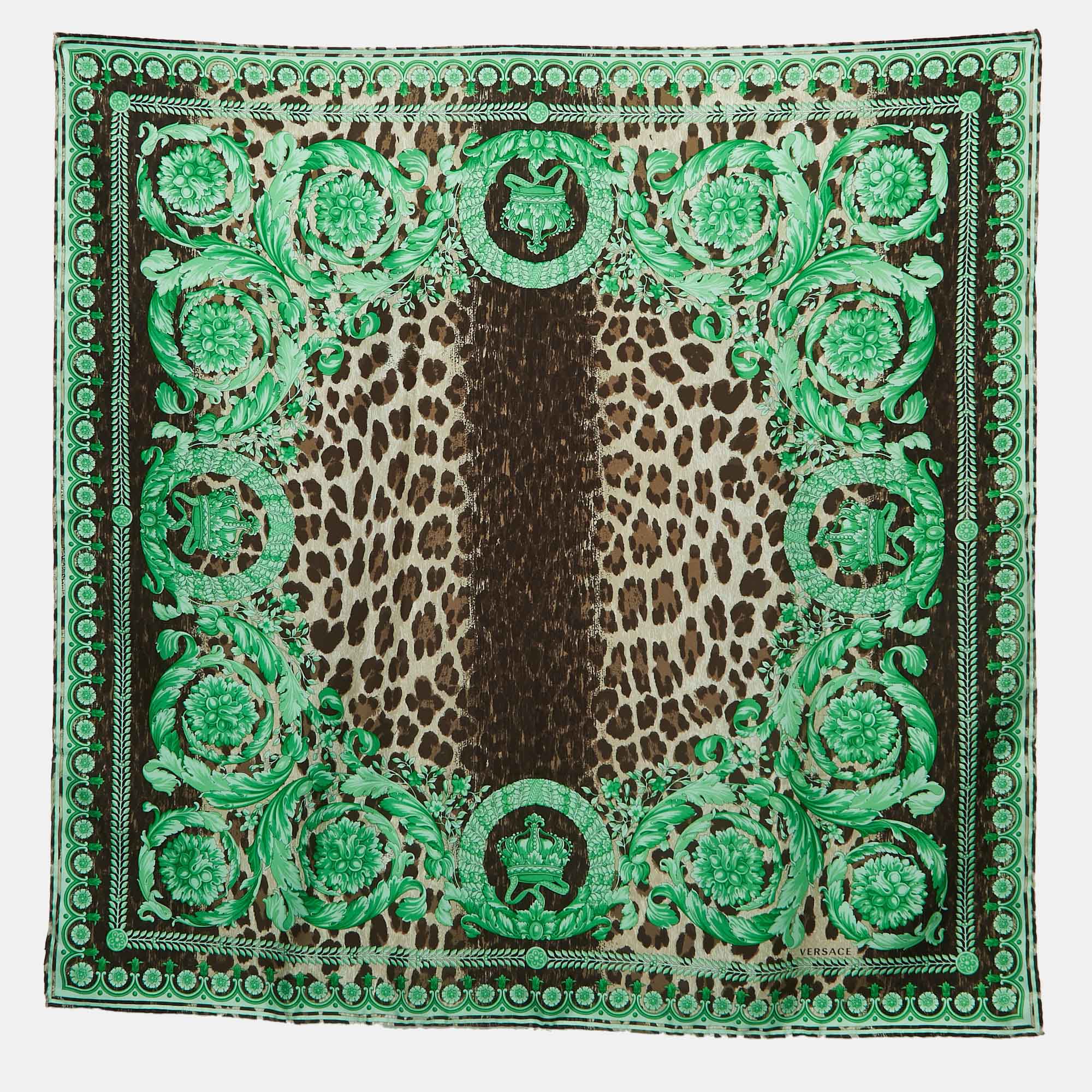 Versace Green Animal & Baroque Print Silk Square Scarf