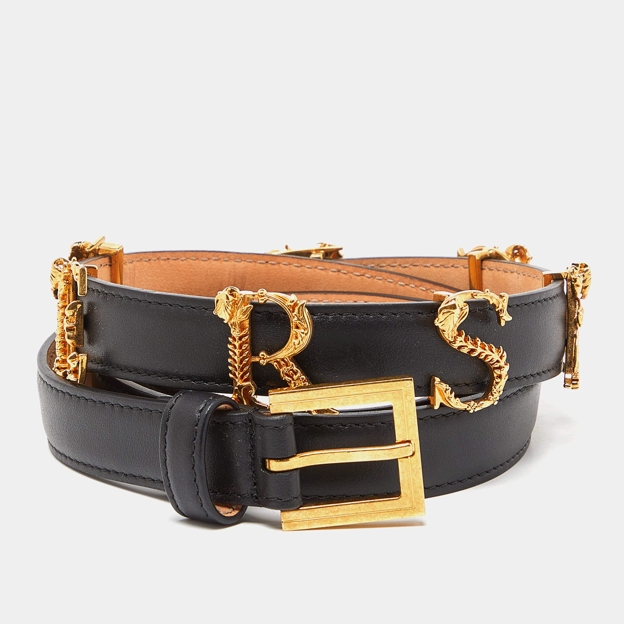 Pre Owned Versace Black Leather Metal Logo Buckle Belt 90CM