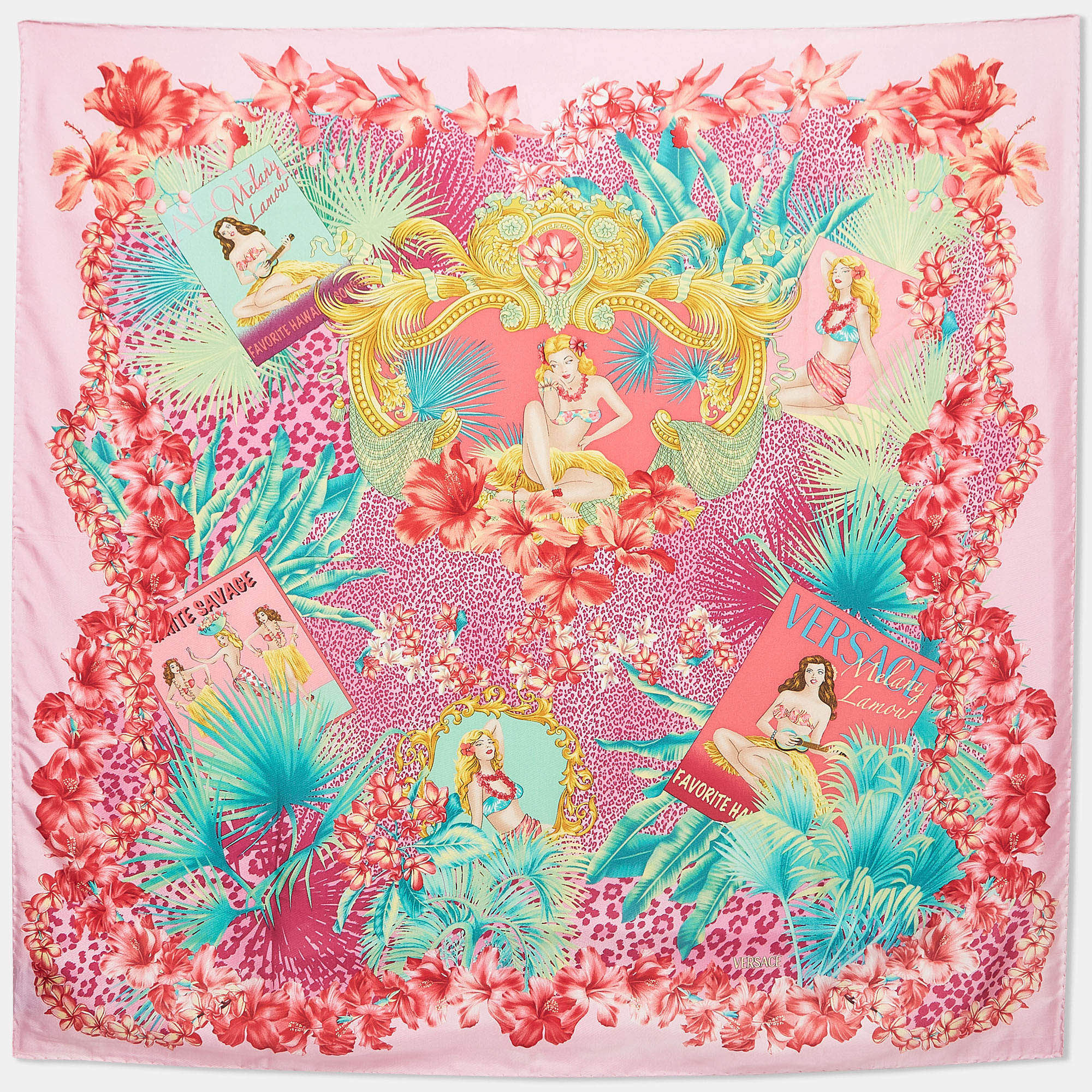 Pre Owned Versace Pink Melany Lamour Aloha Print Silk Scarf